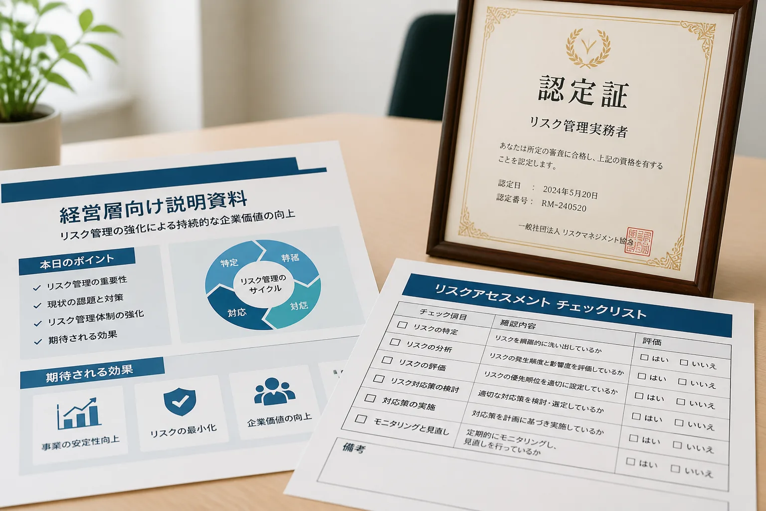 経営層向け説明資料とリスクアセスメントの書類、資格認定証を配置した情景のイラスト