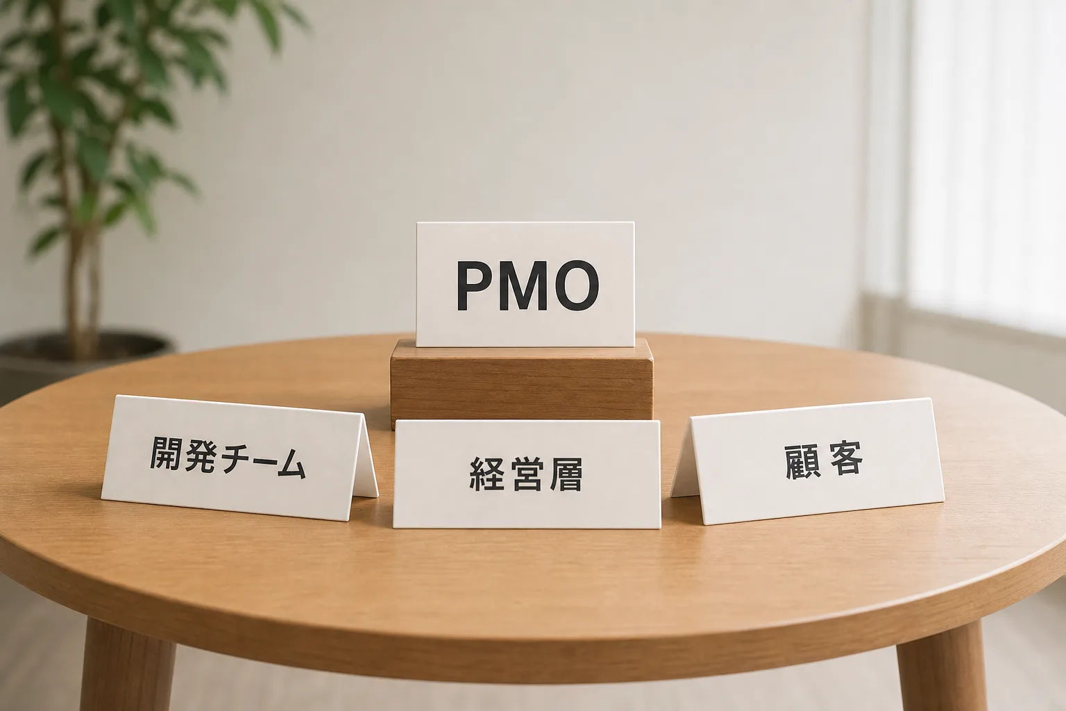 開発チーム・経営層・顧客のカードの中心に置かれたPMOのカードが調整役の立ち位置を表す図