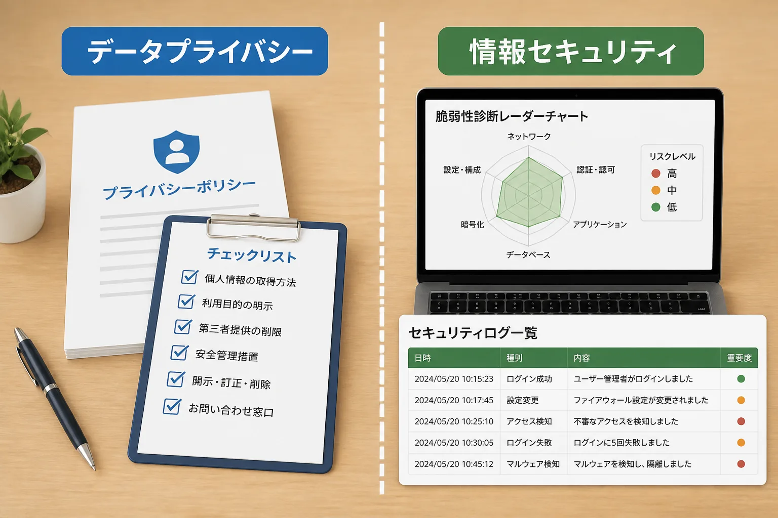 書類とチェックリストを配置した左側と、レーダーチャート画面とログ一覧を配置した右側に分かれた比較図解。データプライバシーと情報セキュリティの業務範囲の違いを示す