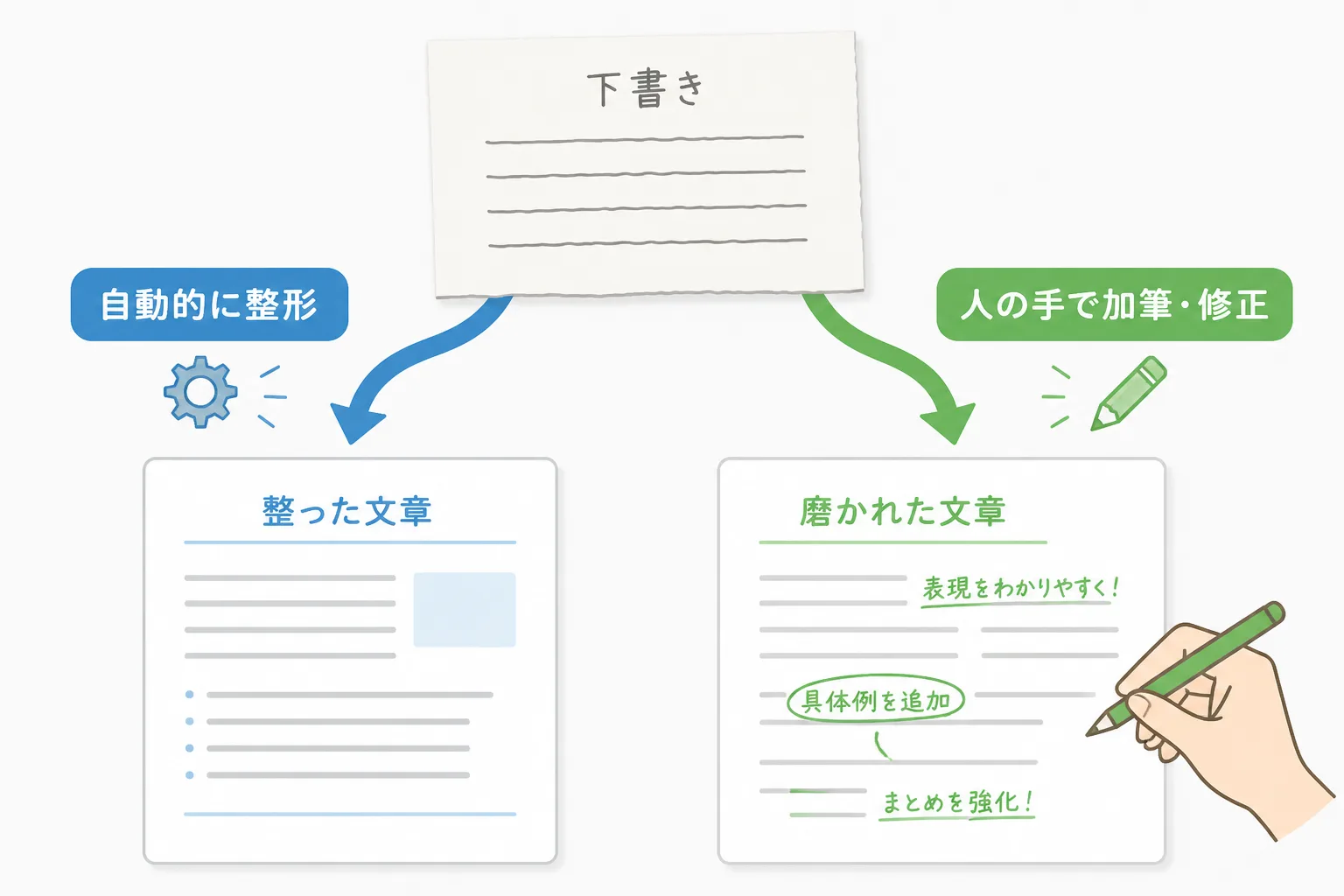 文章の下書きが自動化される作業と人の判断が残る作業に分かれていく様子を示す図解