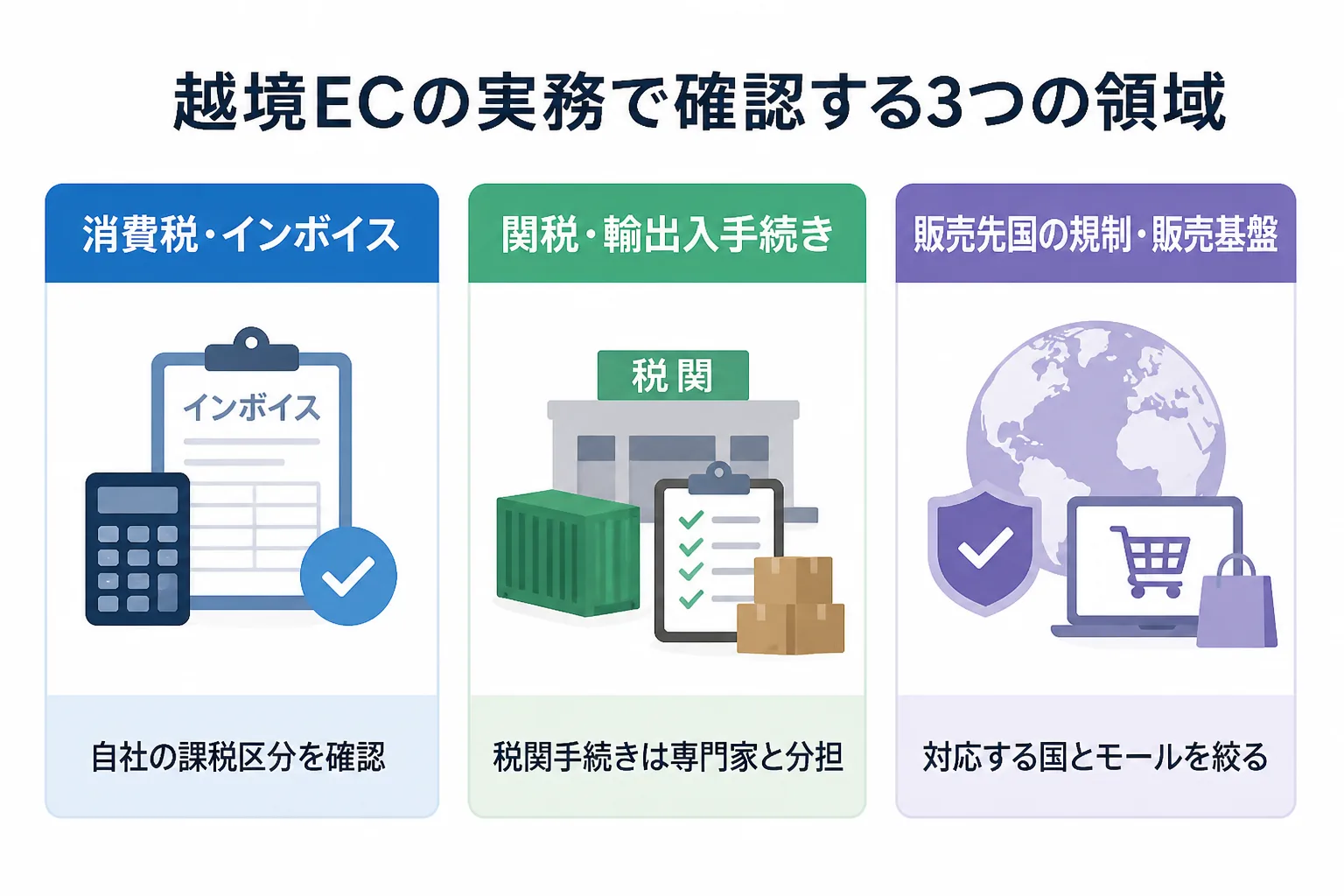 消費税・インボイス、関税・輸出入手続き、販売先国の規制・販売基盤という越境EC特有の3領域を並べた整理図