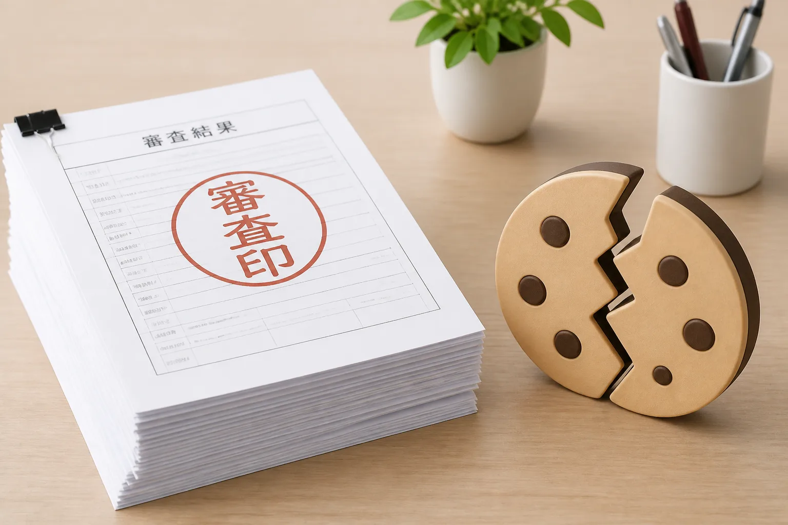 審査印の押された書類と、割れたクッキーアイコンが並ぶ机上の情景。広告業界の規制強化とデータ環境の変化を表す図解。