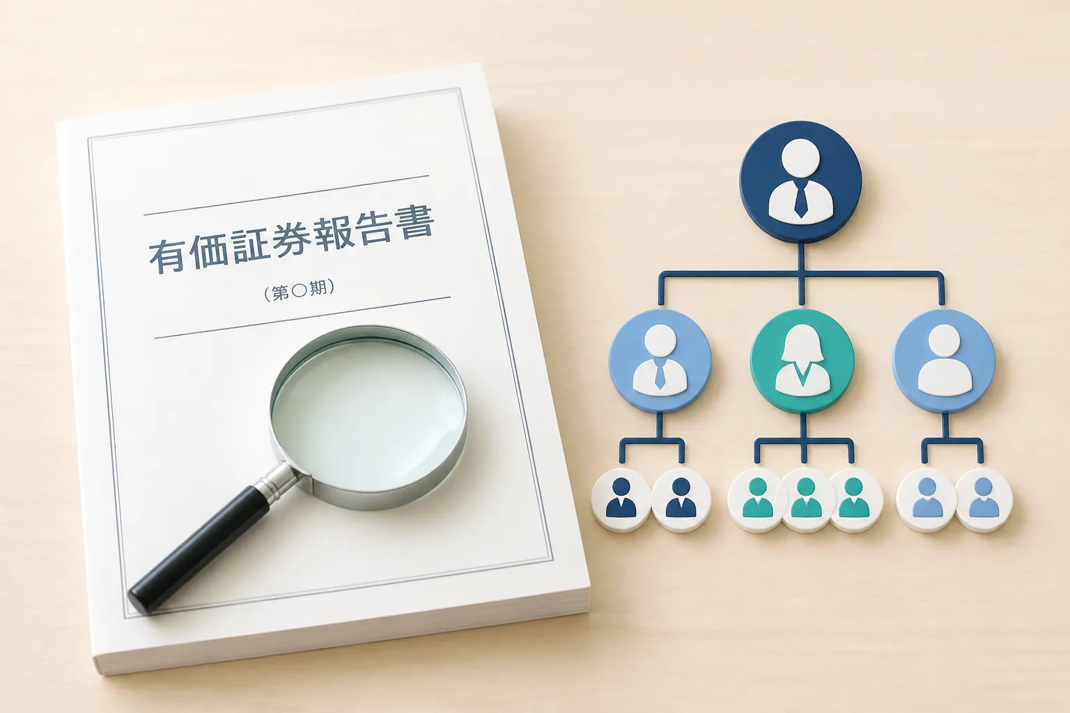 有価証券報告書の冊子と組織図のアイコンが並ぶ様子（人的資本情報開示のイメージ）