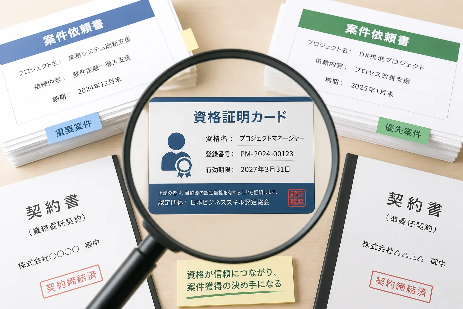 資格証明カードを虫眼鏡で確認する様子と、周囲に積まれた案件依頼書や契約書を表す図