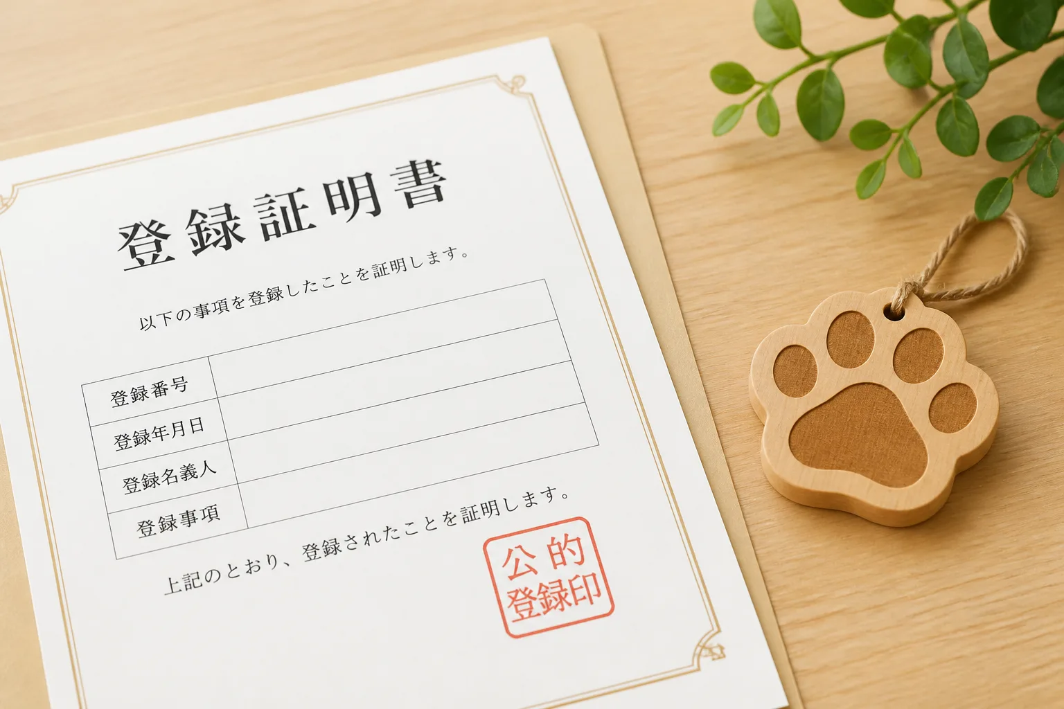 登録印の押された書類と肉球型の木製タグが並ぶ、動物取扱業の登録制度を象徴する情景。