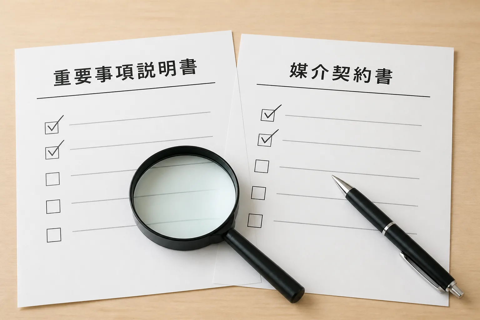 重要事項説明書や媒介契約書などの不動産取引書類とペン・虫眼鏡が置かれた机を写した情景