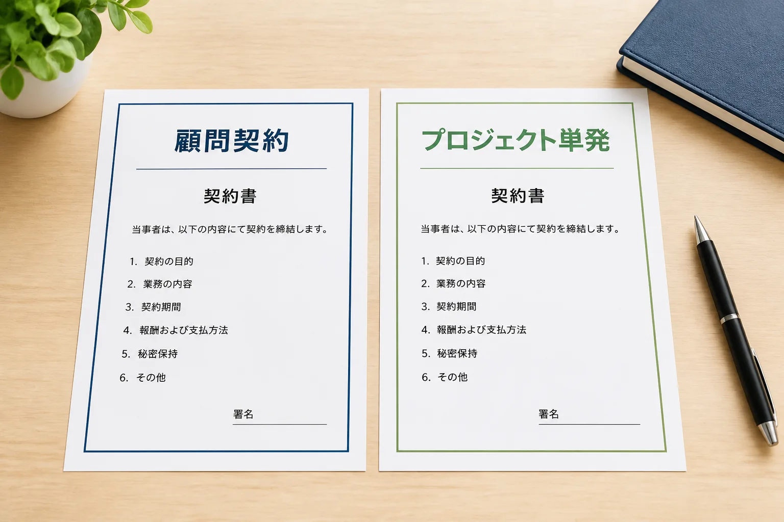 顧問契約とプロジェクト単発の2種類の契約書が机に並ぶ比較イメージ。