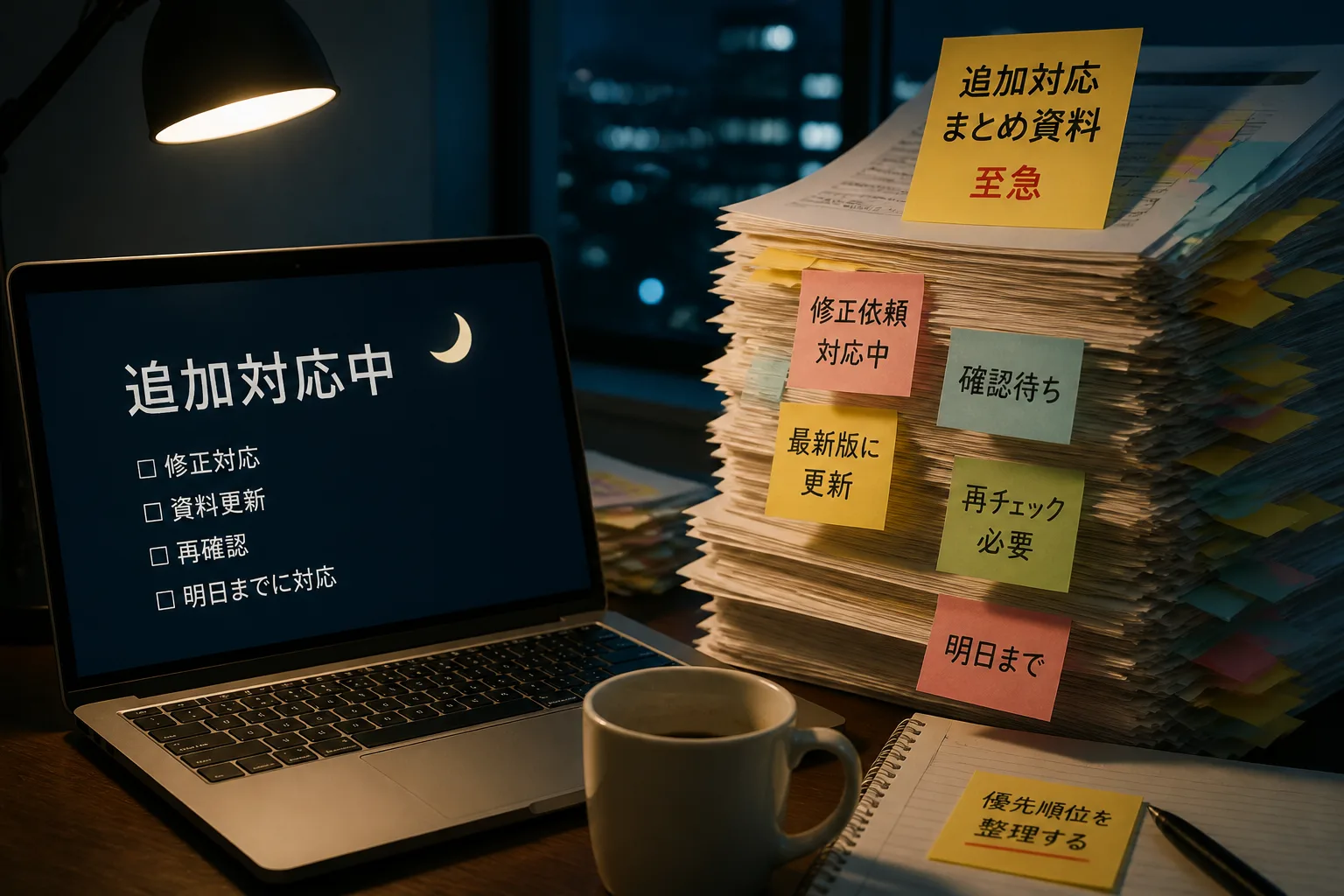 深夜のデスクに積み重なった付箋付きの資料とノートパソコンが並ぶ、追加対応に追われる作業風景