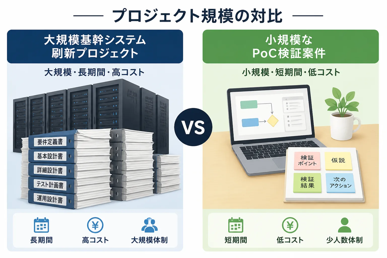 サーバーラックと設計書で示す大規模基幹システム刷新プロジェクトと、ノートパソコンと付箋で示す小規模PoC検証案件を対比する図解