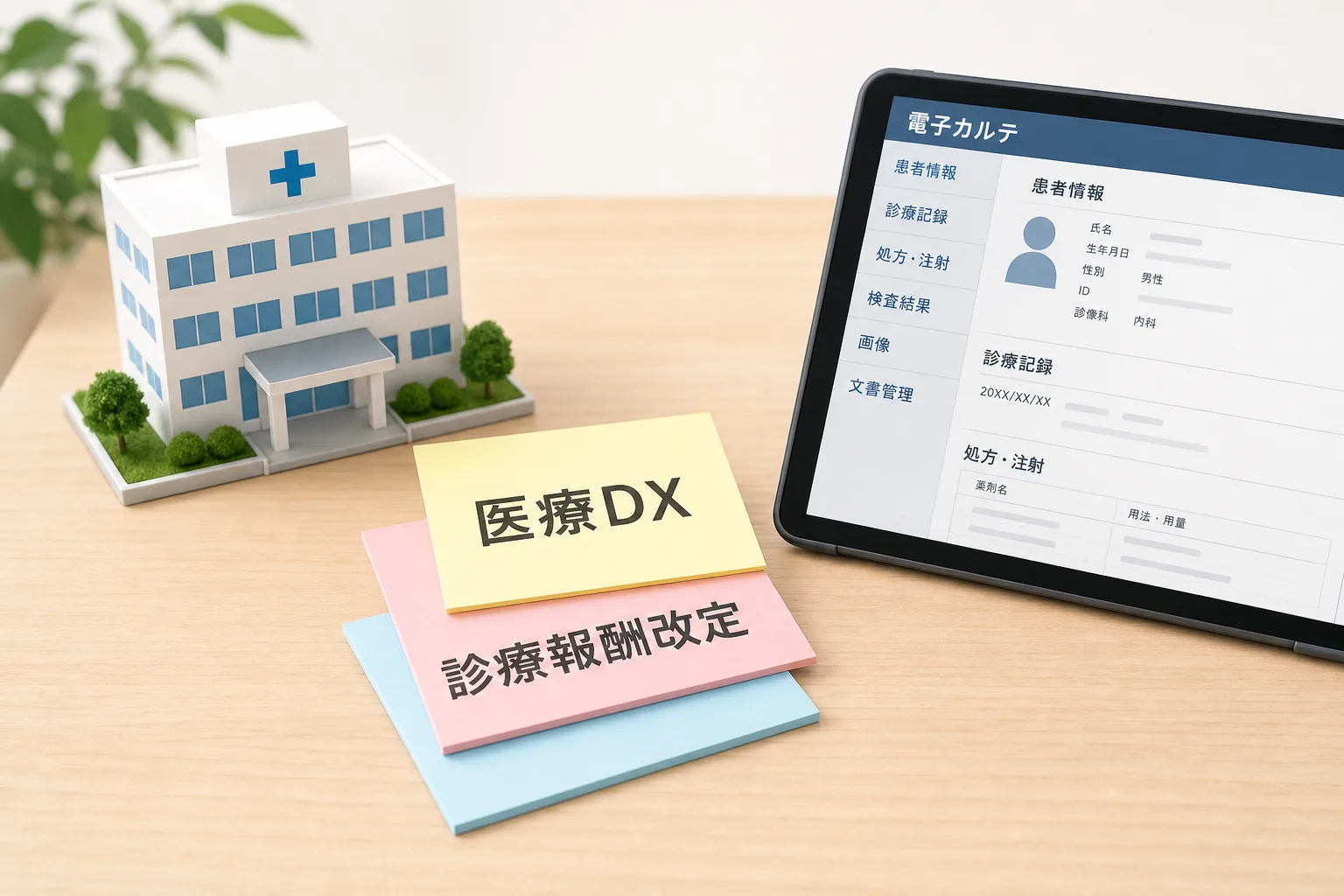 病院の建物模型と電子カルテ端末のタブレットが机に並び、間に医療DXと診療報酬改定のラベル付き付箋が重ねて置かれている図。医療系コンサル需要の広がりを表す。
