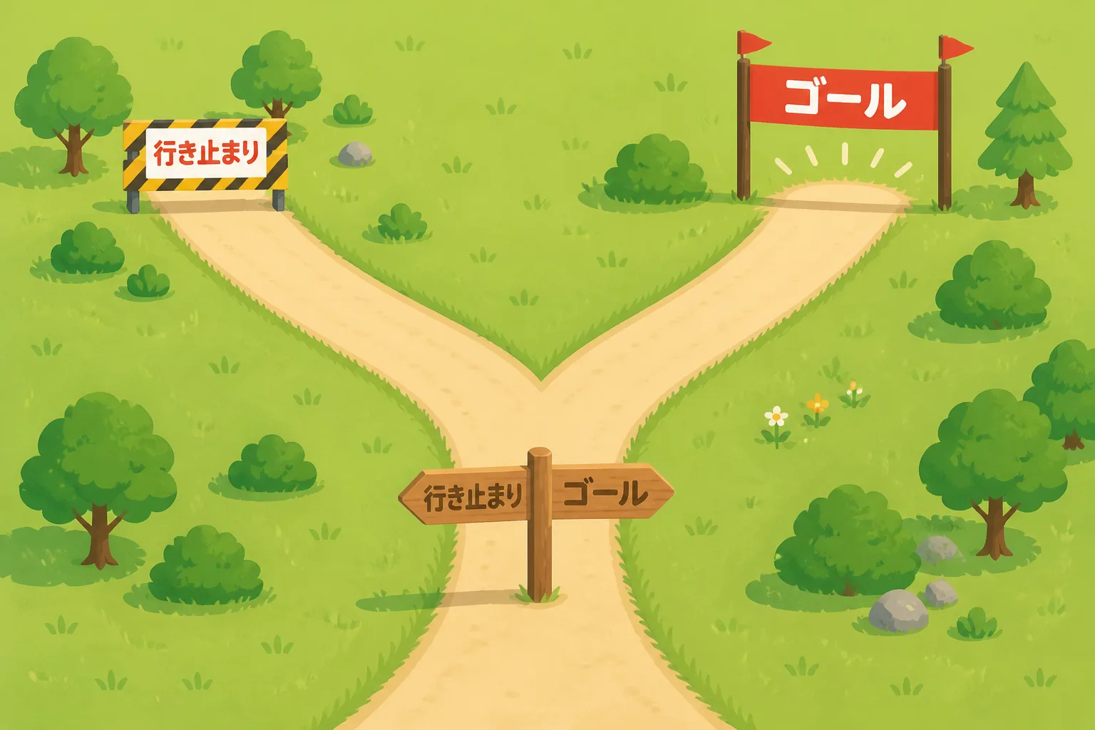 分岐した2本の道の片方が行き止まりになっている、RPA導入の失敗パターンを象徴する図