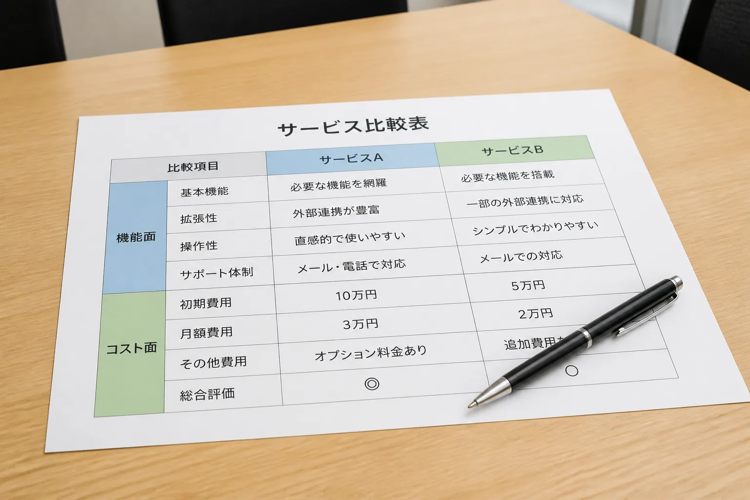 会議テーブルに置かれた機能面とコスト面の比較表とペン