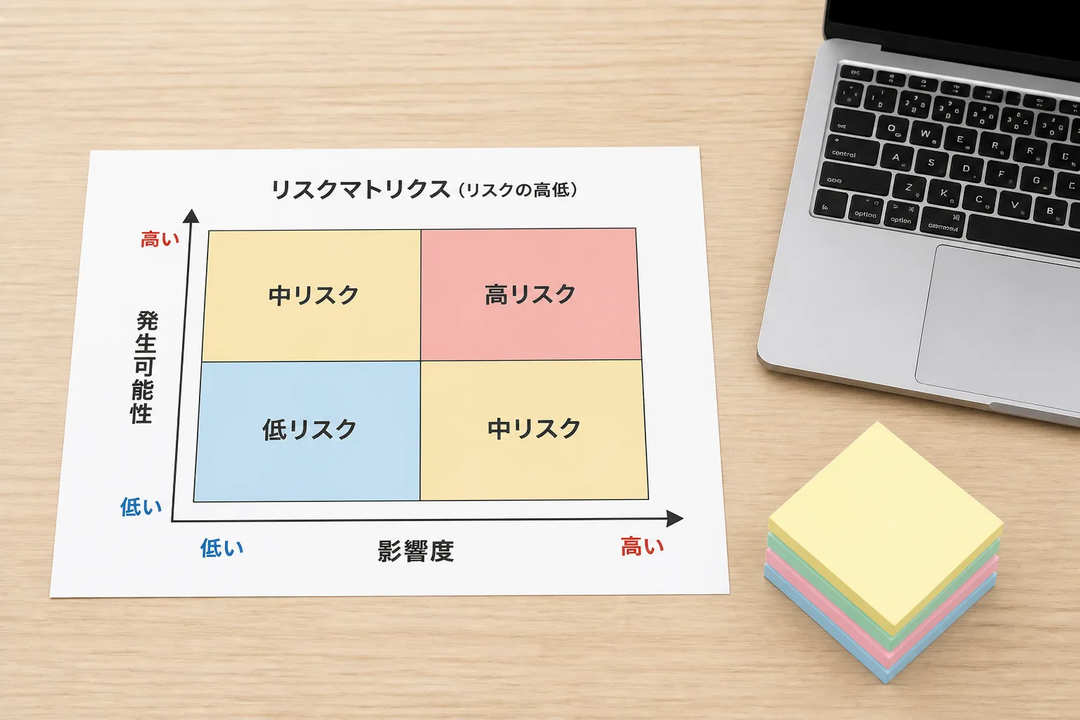 リスクマトリクスのシートとノートパソコンが置かれた会議テーブルの俯瞰構図