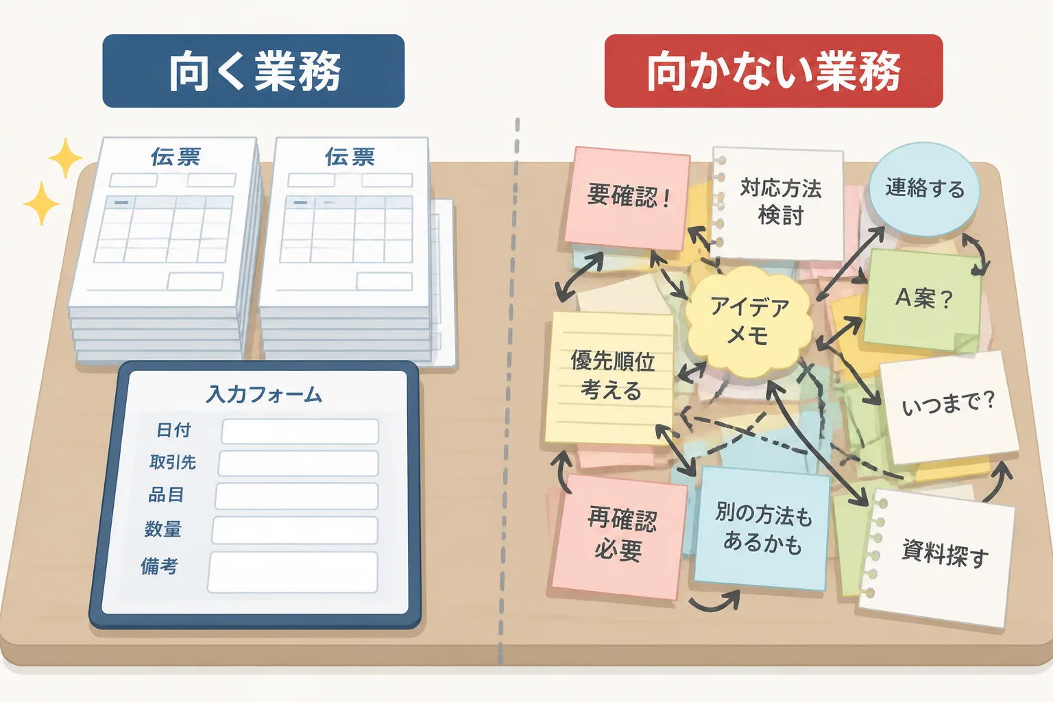 整然とした定型書類と、形式がばらばらな例外的な書類を左右対比させたRPAの向き不向きを示す図