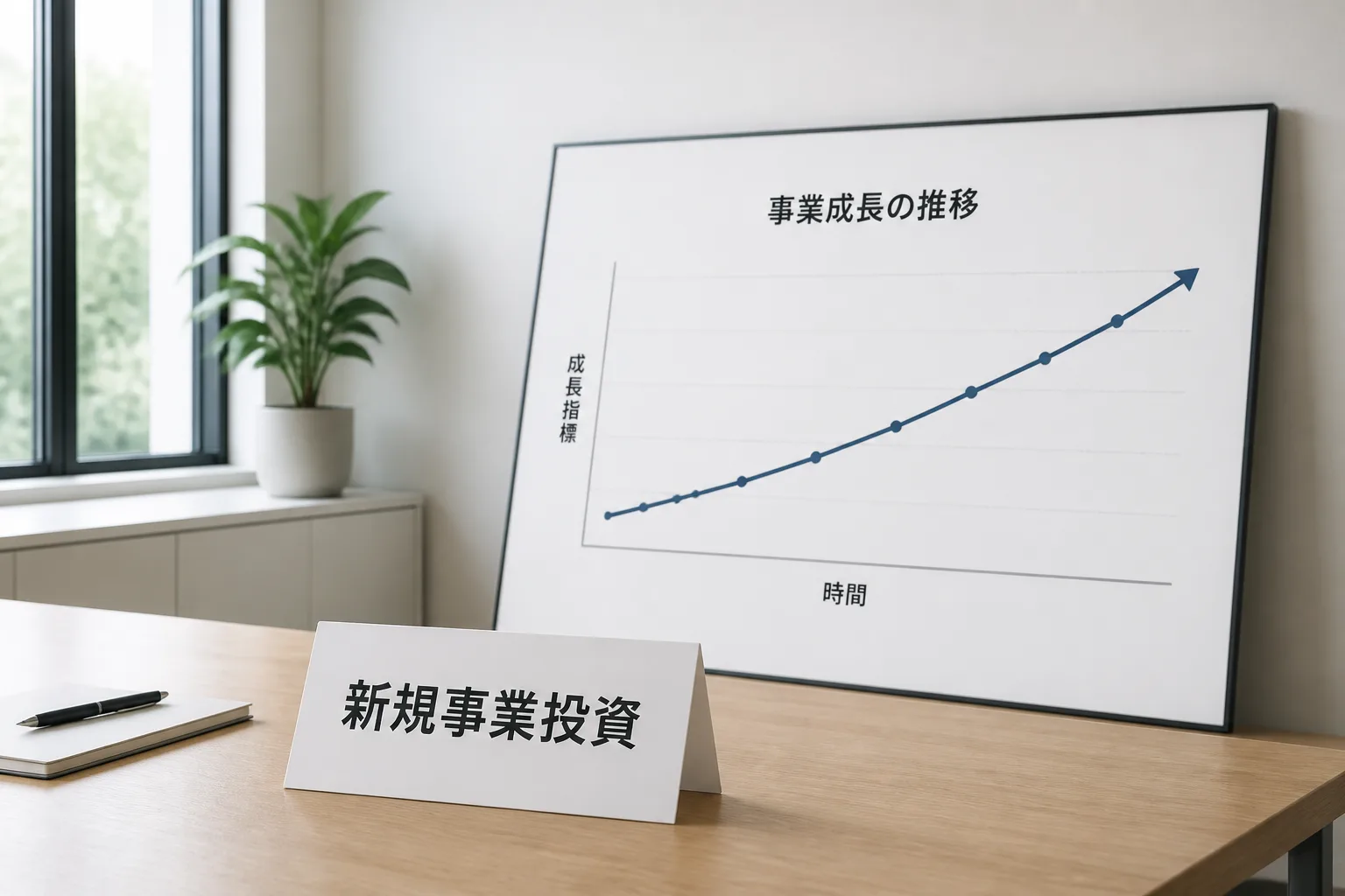 右肩上がりの折れ線グラフと「新規事業投資」のラベルカードが置かれたオフィスの一角。市場の需要拡大を示すイメージ