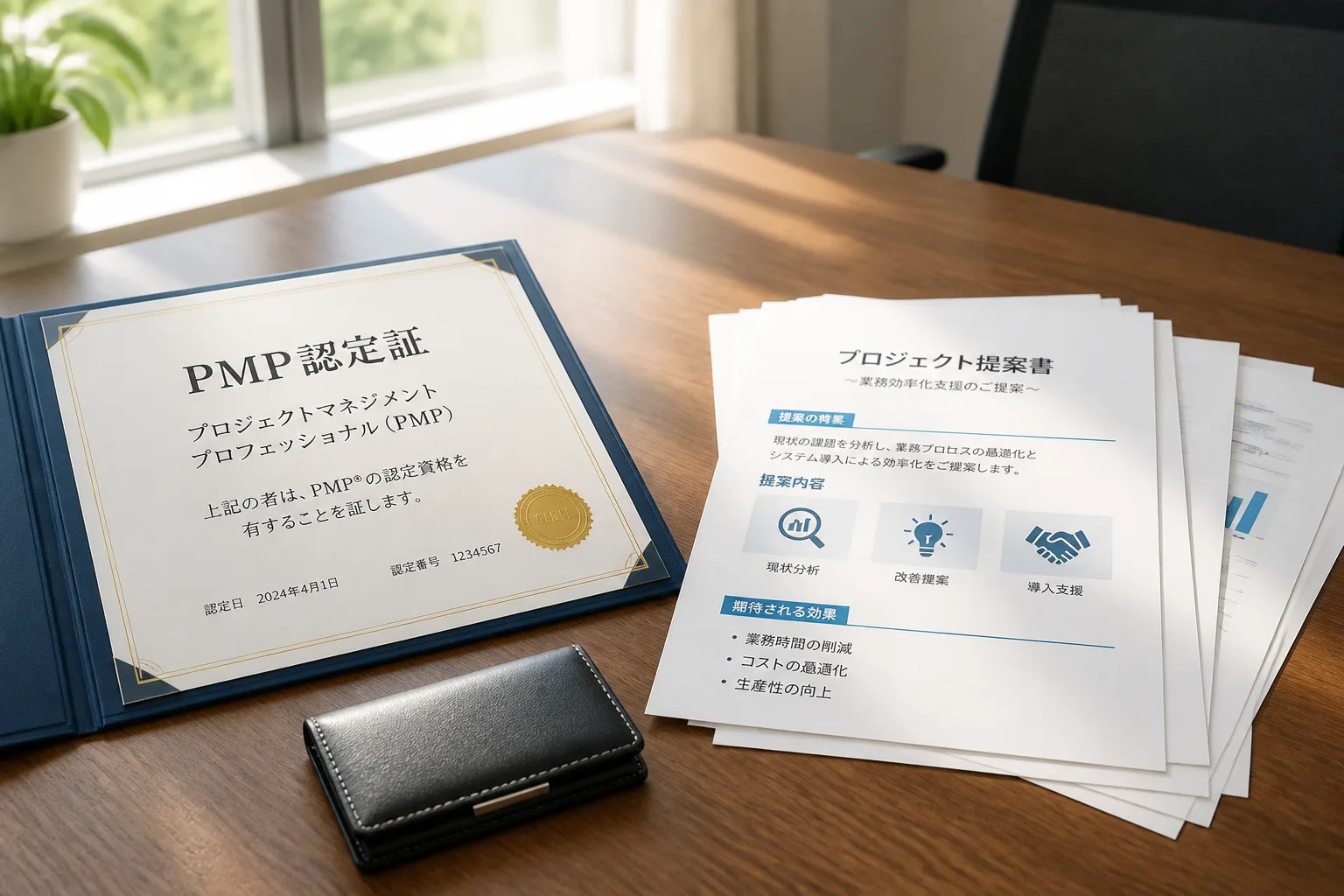 会議テーブルの上にPMPの認定証と提案書、名刺入れが並べられている情景。独立コンサルタントが提案の場で資格を実務経験の裏付けとして使う様子を象徴する構図