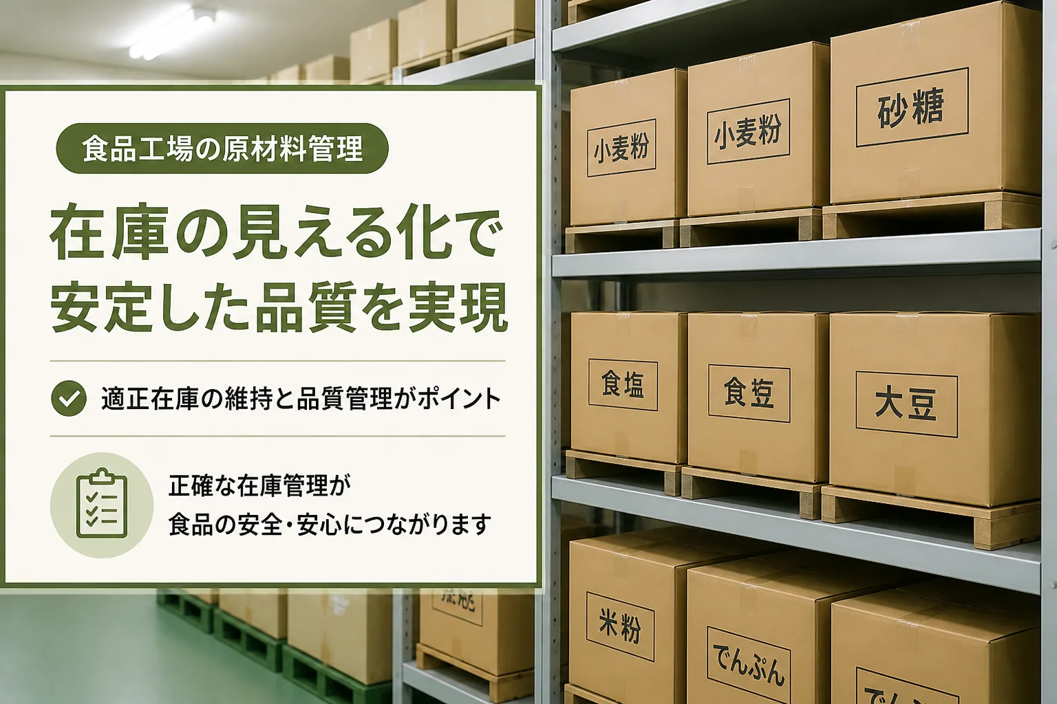 食品工場の在庫棚とサプライチェーン最適化の流れを示すフローチャートのホワイトボードのイメージ