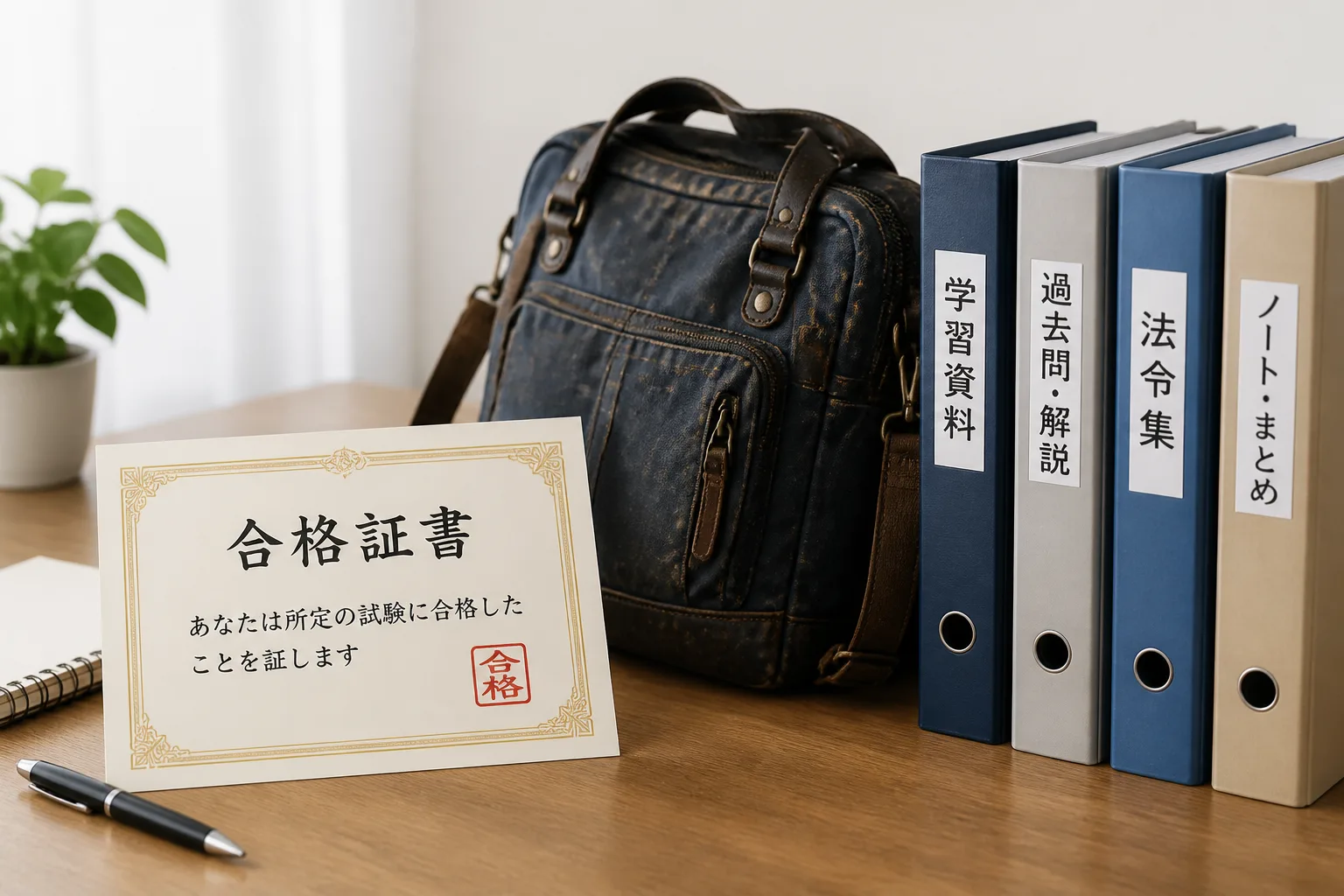 合格証書の脇に使い込まれた鞄と資料フォルダが並ぶ情景。学び直しと実務経験を積み重ねる独立コンサルタントの姿を象徴する構成