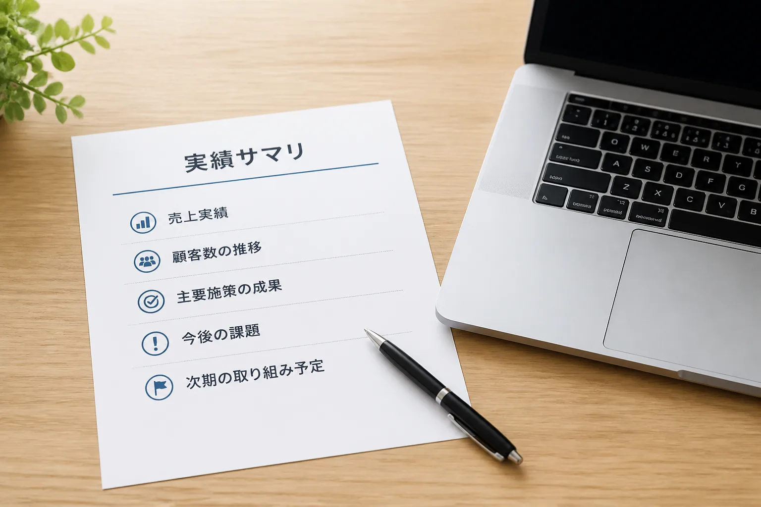 机に置かれた実績サマリシートとペンを配置した、提案資料作成をイメージした一枚