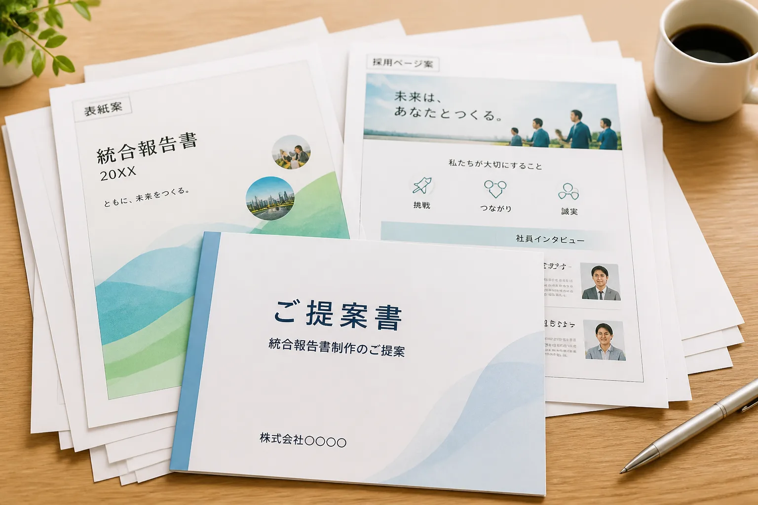 統合報告書と採用ページの資料に外部からの提案書が重ねられている、企業が広報業務の設計を外部人材に依頼する場面を示す情景