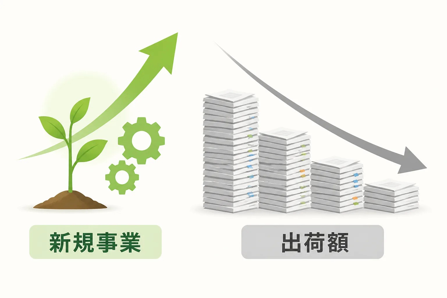 縮小する紙の出荷額と、伸びていく新規事業を対比した図解。「出荷額」「新規事業」の日本語ラベルが添えられている。