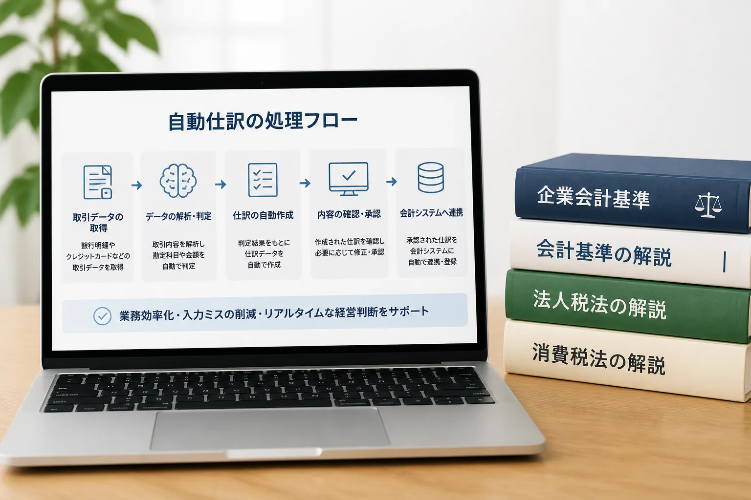 自動仕訳のフロー図が表示されたノートパソコンと積まれた会計関連書籍
