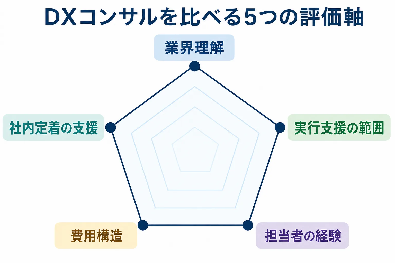 業界理解、実行支援の範囲、担当者の経験、費用構造、社内定着の支援の5つの評価軸を五角形で示した図