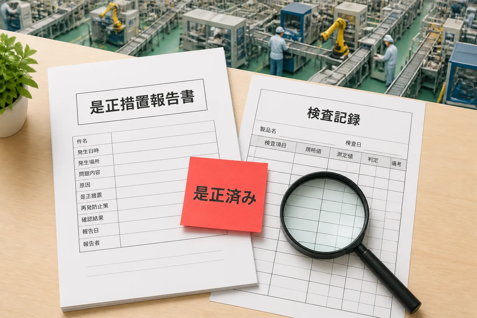 是正措置報告書と検査記録用紙、虫眼鏡を俯瞰し品質不正への対応を示す図