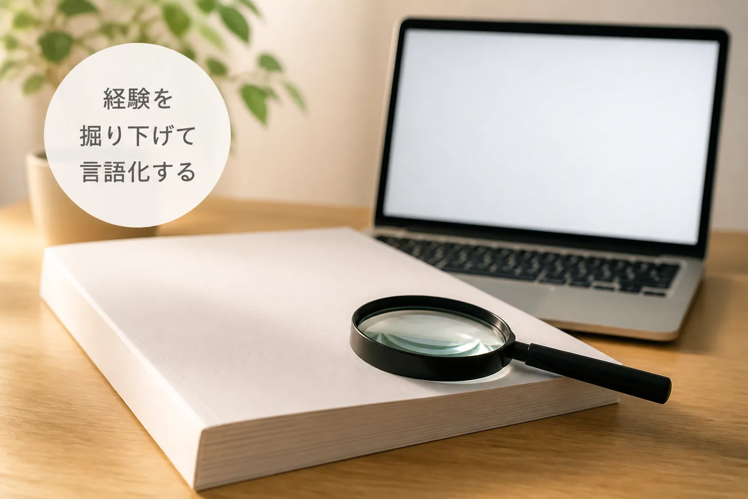 分厚い冊子に虫眼鏡が重なる情景、人的資本経営の情報開示知見を掘り下げて言語化することを表す