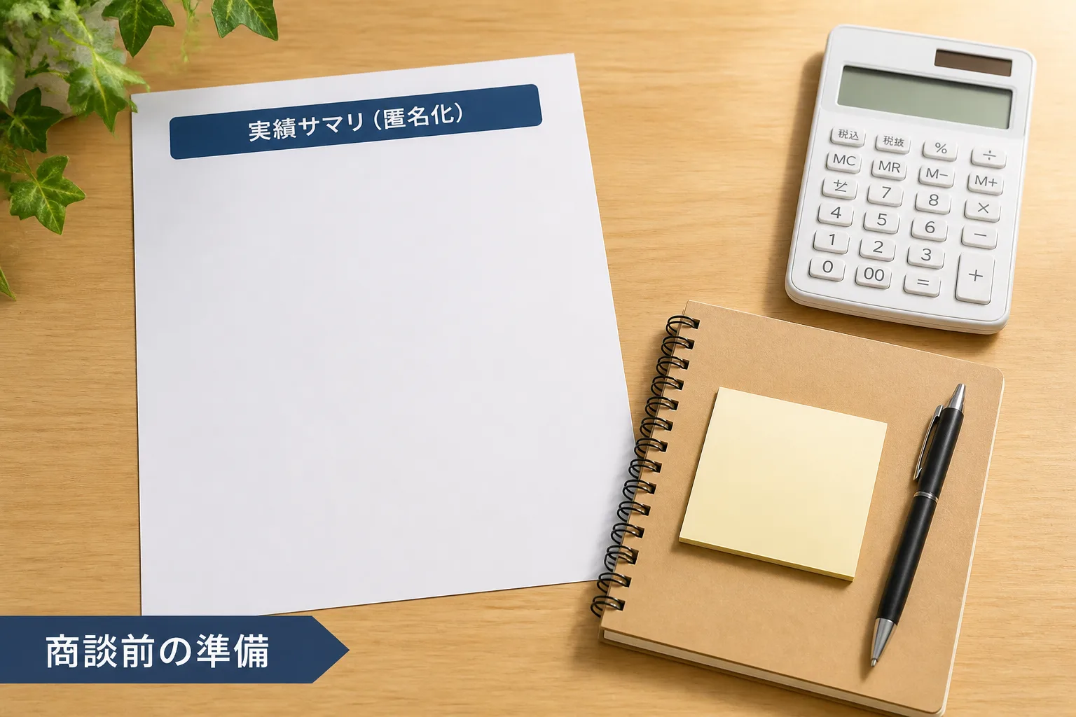 実績サマリの資料と単価メモ、電卓が並んだ商談前の机上。商談準備として実績の整理と単価の検討を行うことを表している