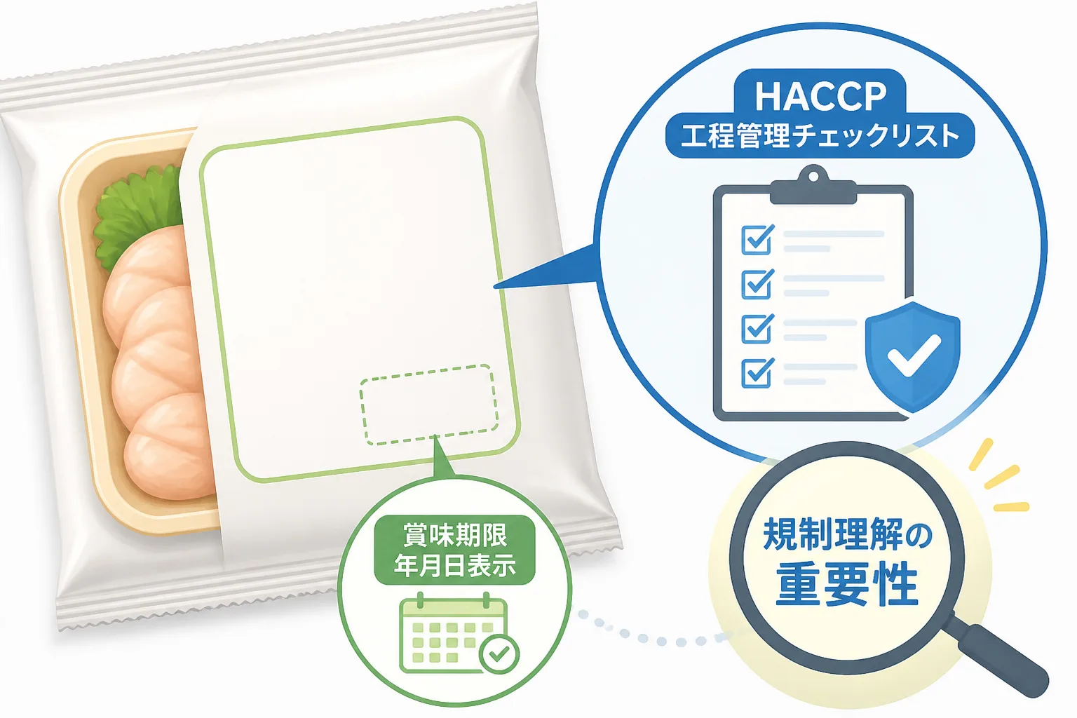 食品パッケージの賞味期限表示とHACCP工程管理チェックリストを組み合わせた、食品業界特有の規制理解を示す図解