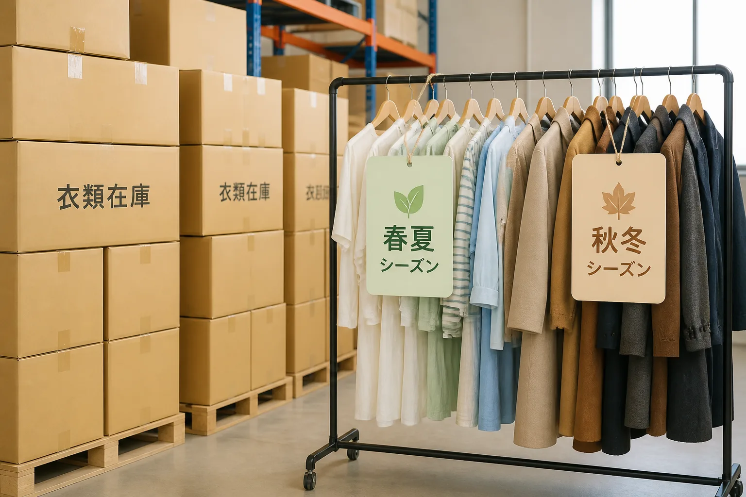 アパレル倉庫の在庫箱とシーズンごとの商品タグが付いたハンガーラックを配置した、シーズン商戦と在庫回転率をテーマにした画像