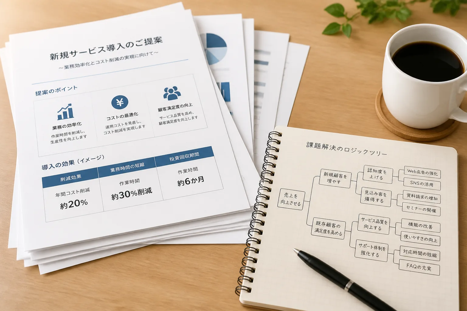 デスクに広げられた提案書の束と、ロジックツリーを書き込んだノート、ペン、コーヒーカップが置かれた作業机の情景
