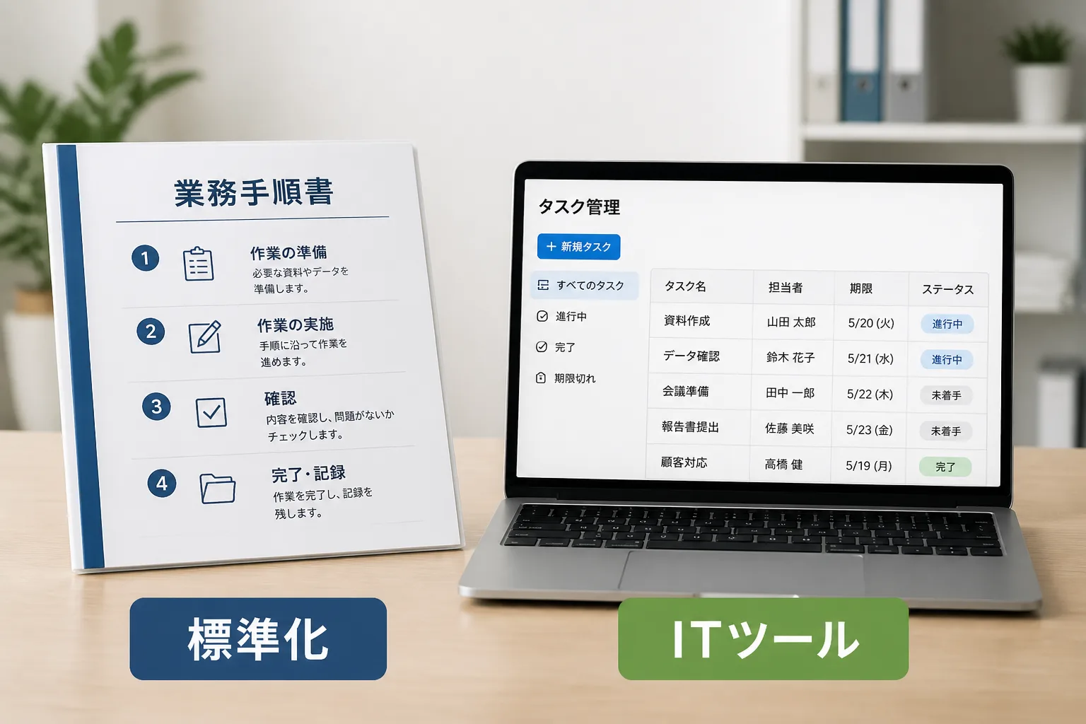 業務標準化とITツール活用という2つの効率化手法を左右に並べて比較する図解