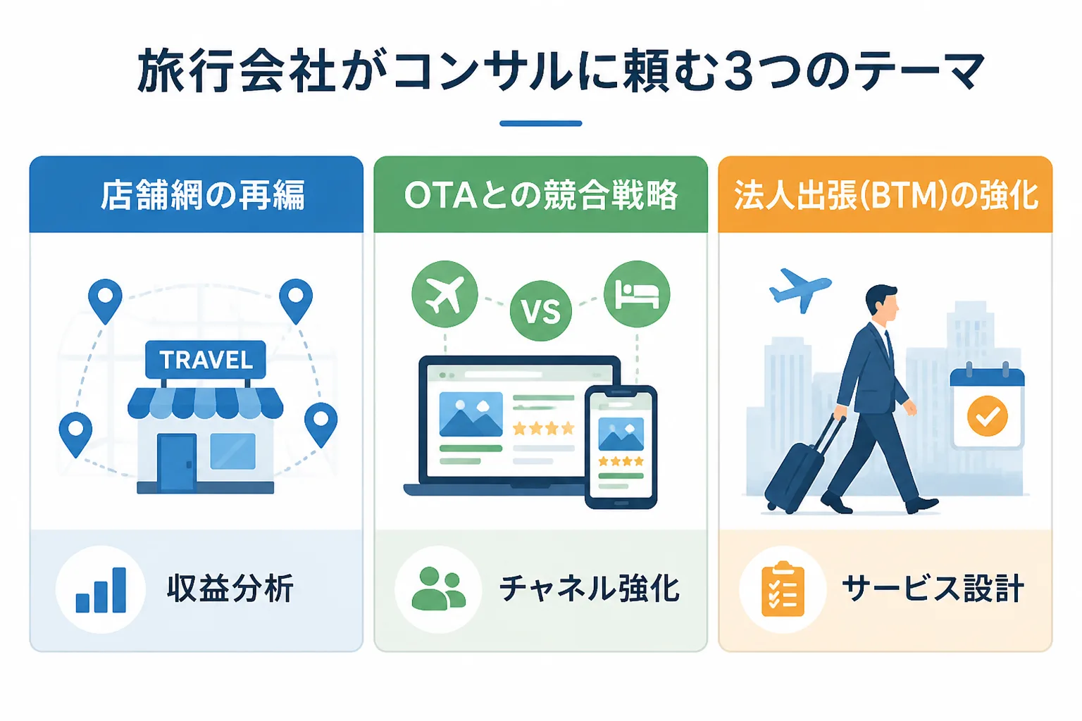 旅行会社がコンサルに頼む3つのテーマ（店舗網の再編、OTAとの競合戦略、法人出張の強化）を並べた比較図