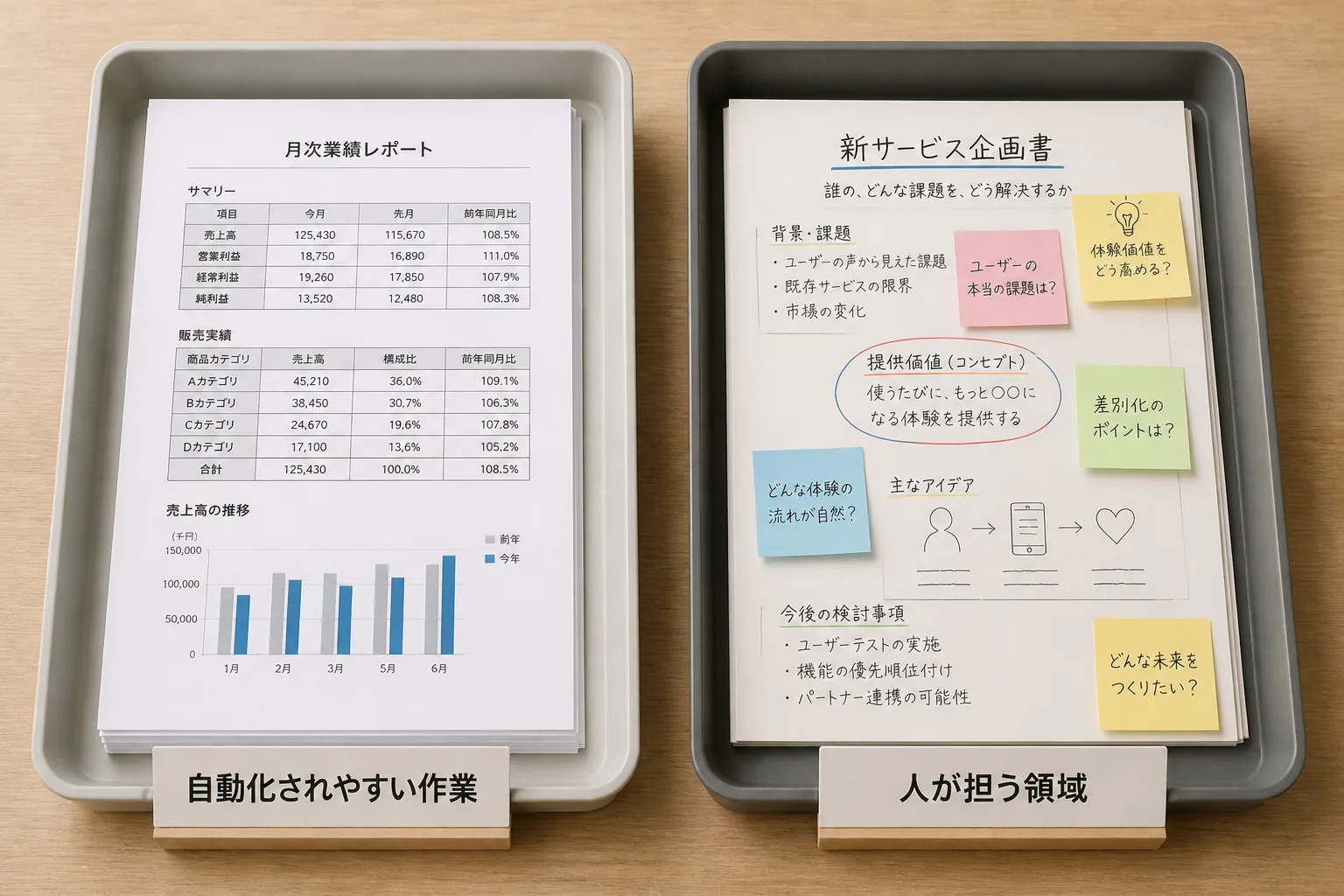 自動化されやすい定型作業と、人が担い続ける判断業務を左右のトレーで対比した図解