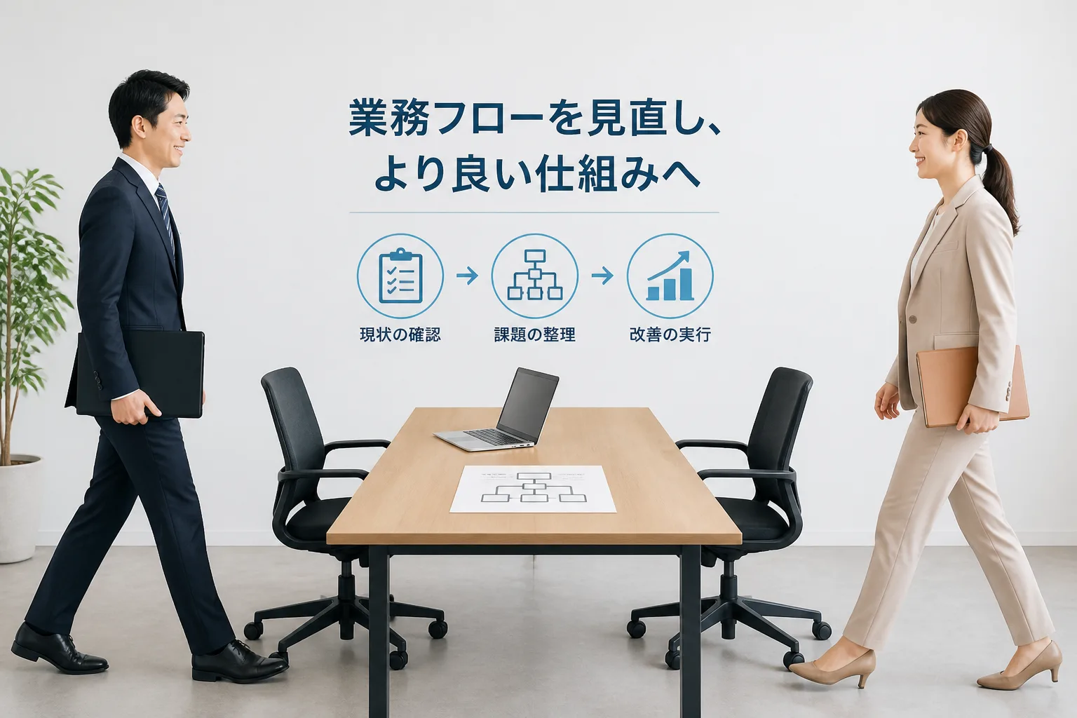 業務部門とIT部門の橋渡し役を象徴する、会議テーブルを挟んだ配置のイメージ