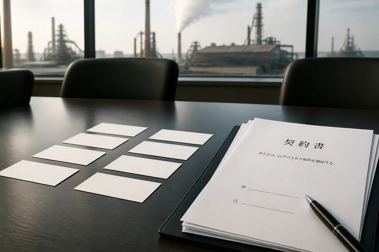 製鉄所の会議室を思わせる机に、複数の企業ロゴのない名刺サイズのカードと契約書類が並ぶ商談の情景。