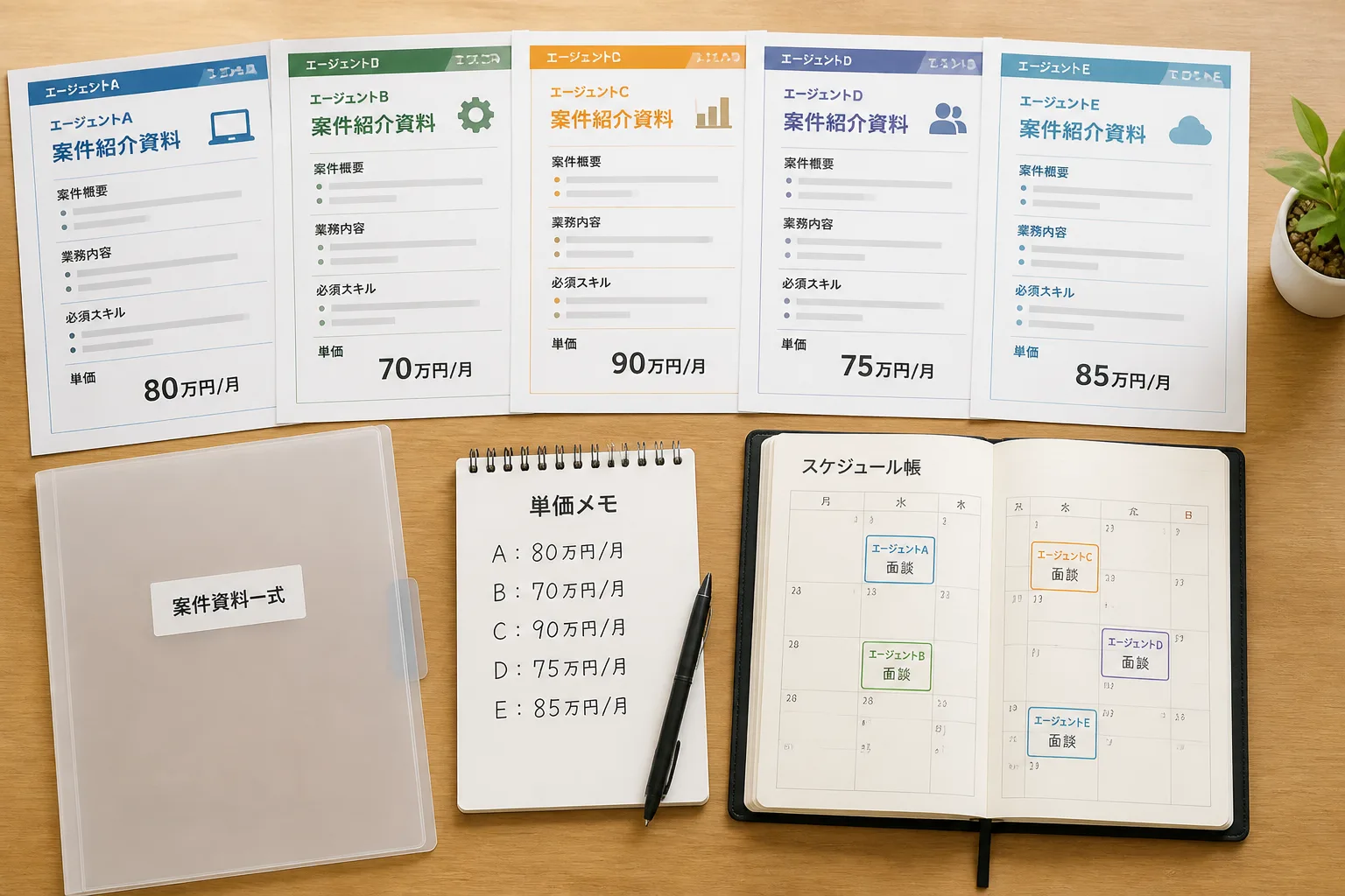 複数のフリーランスエージェントの案件条件を並べて比較検討する机上の様子