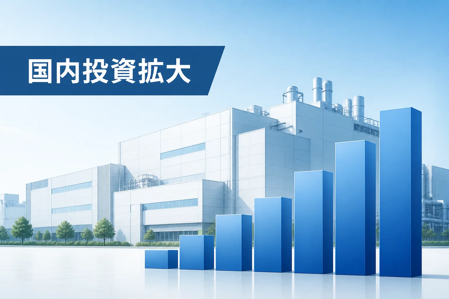 国内の半導体工場新設ラインのシルエットと需要拡大を示す棒グラフ
