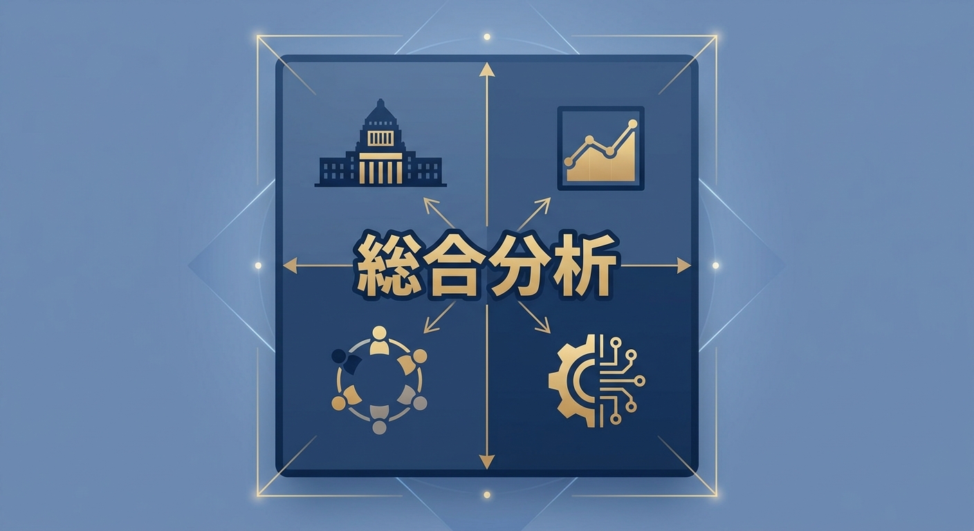 政治・経済・社会・技術の4つの視点が1つにつながる様子を示すコンセプト図