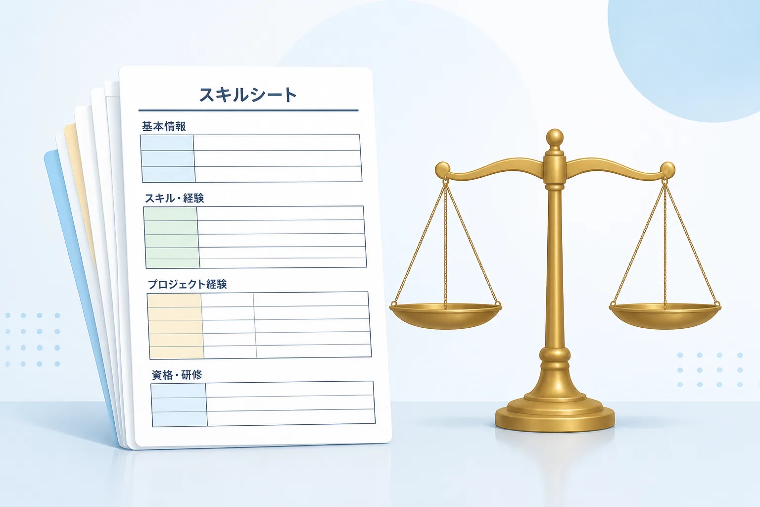 案件名を伏せたスキルシートの束と天秤のアイコンを組み合わせ、実績の見せ方と第三者性を示す図