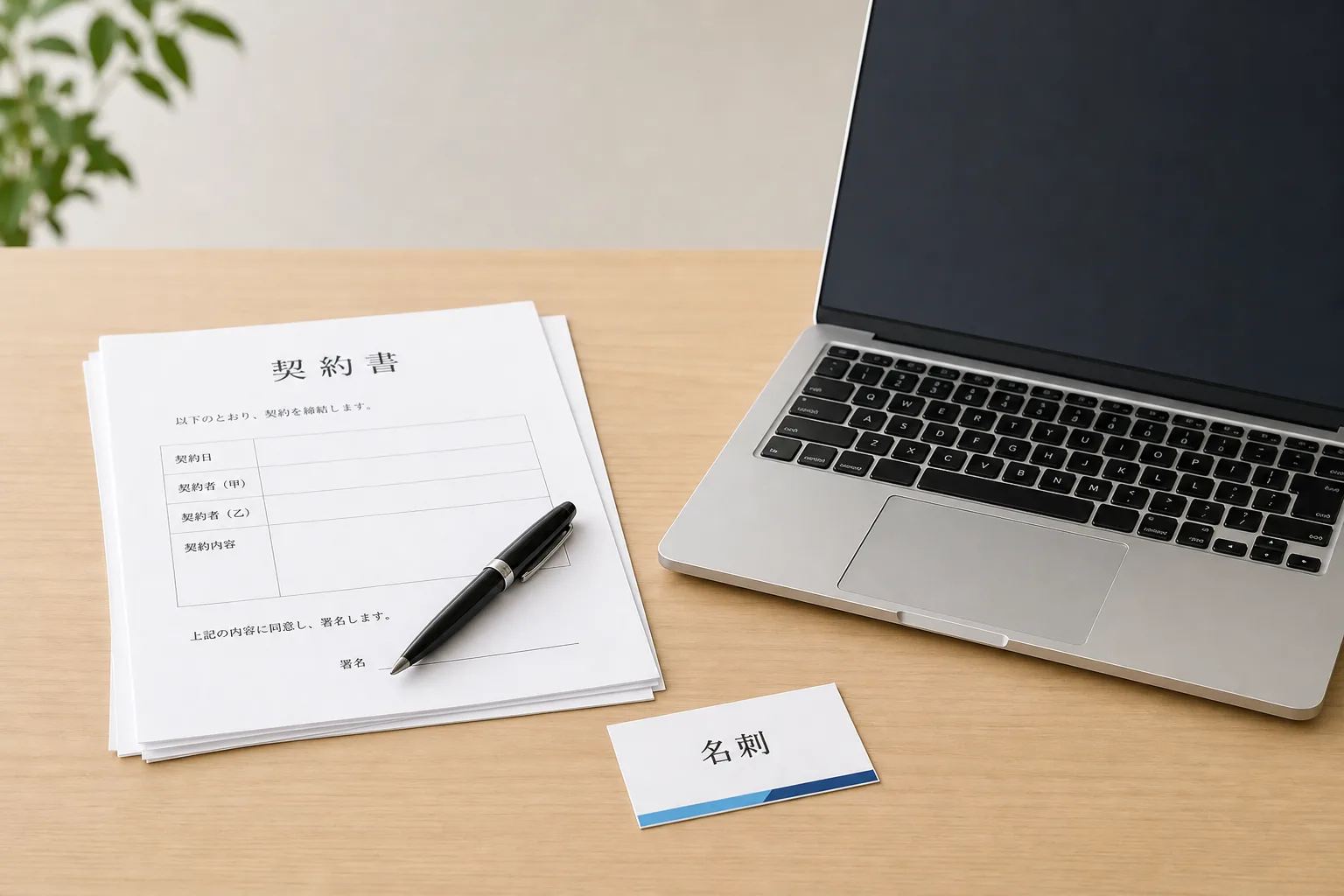 名刺と契約書類、ノートパソコンが机に並ぶ様子