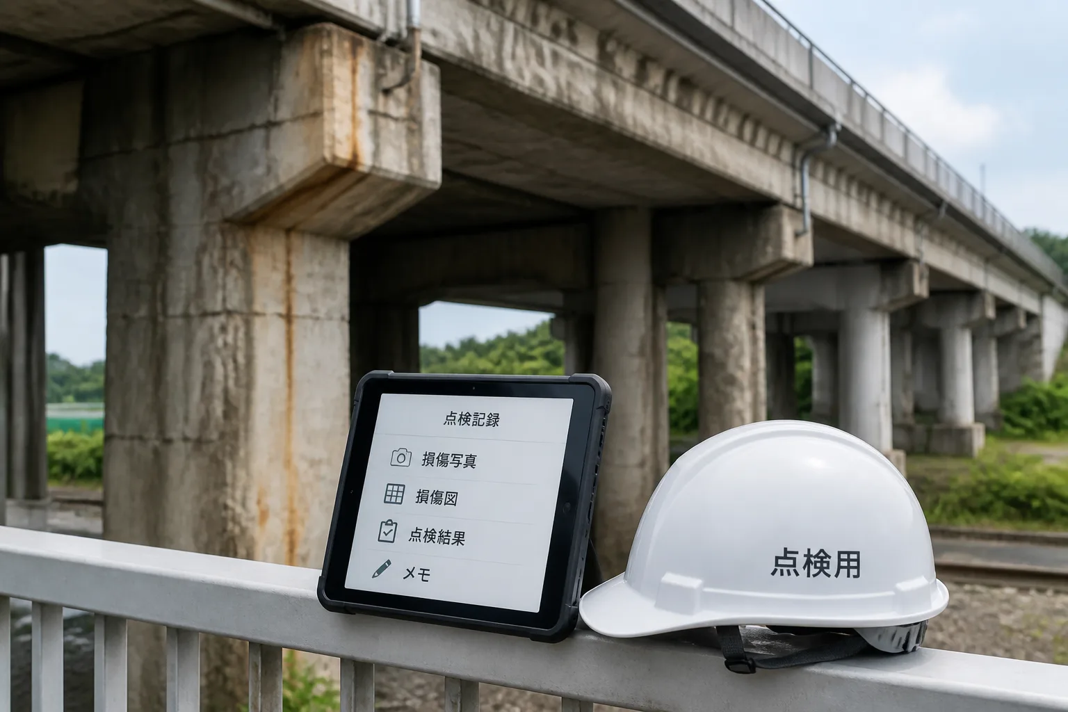 点検用タブレットとヘルメットが置かれた高架橋点検現場、奥に老朽化した橋脚が見える様子