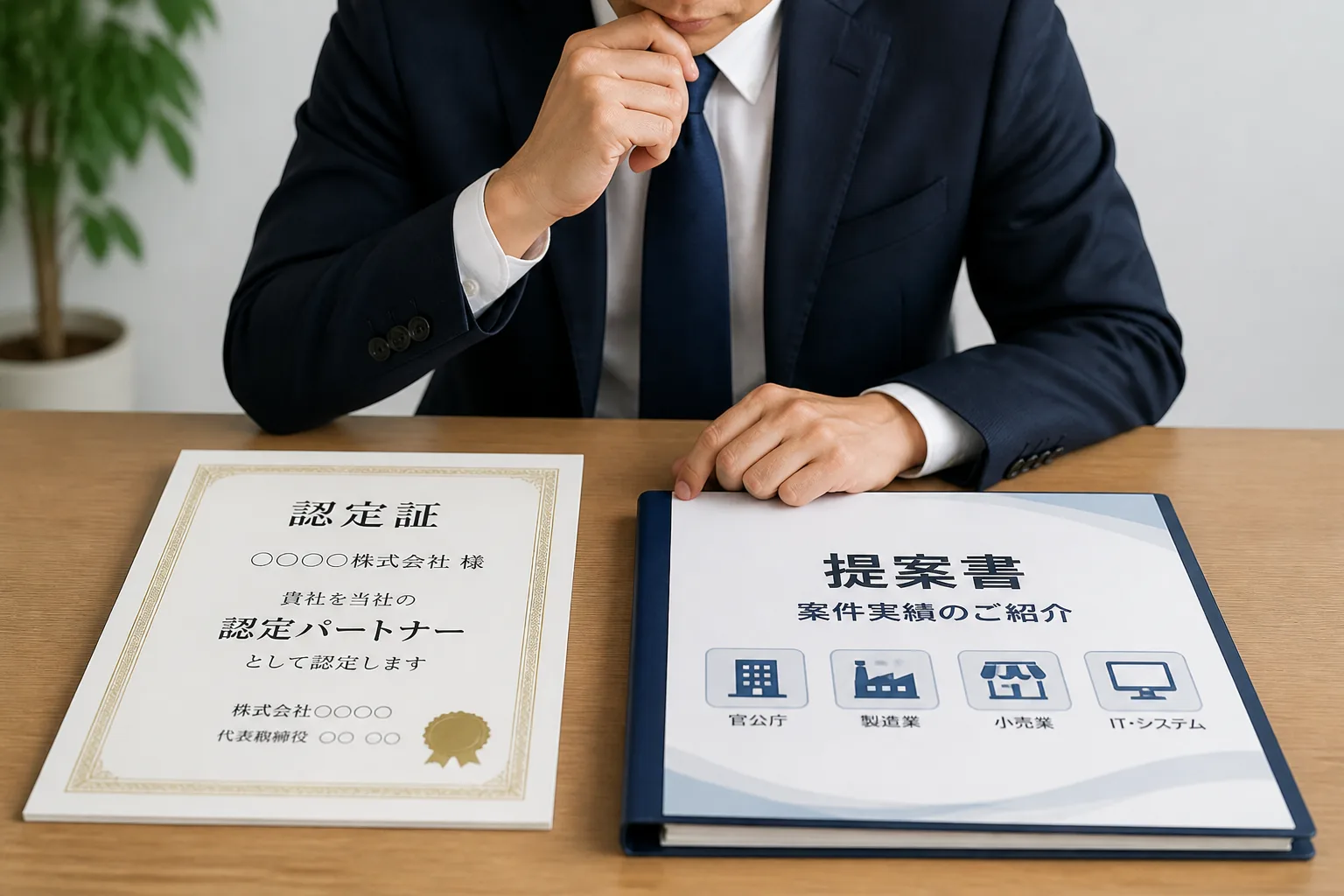 商談の場で資格の認定証と実務実績の提案書を見比べる情景、資格より実務経験が重視される様子を表す