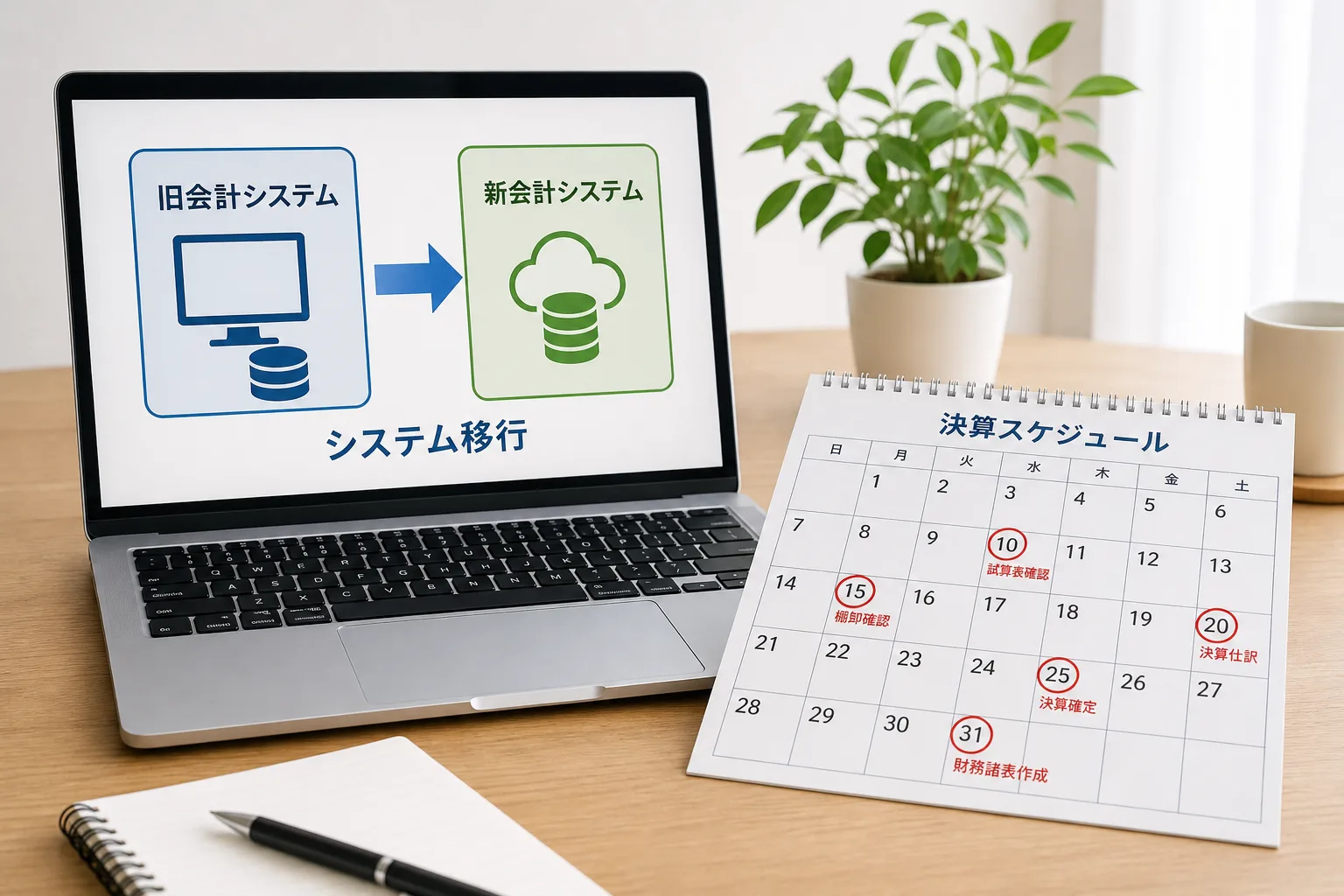 旧会計システムから新会計システムへの移行を示す図が表示されたノートパソコンの画面と、日付に印が付けられた決算スケジュールのカレンダー