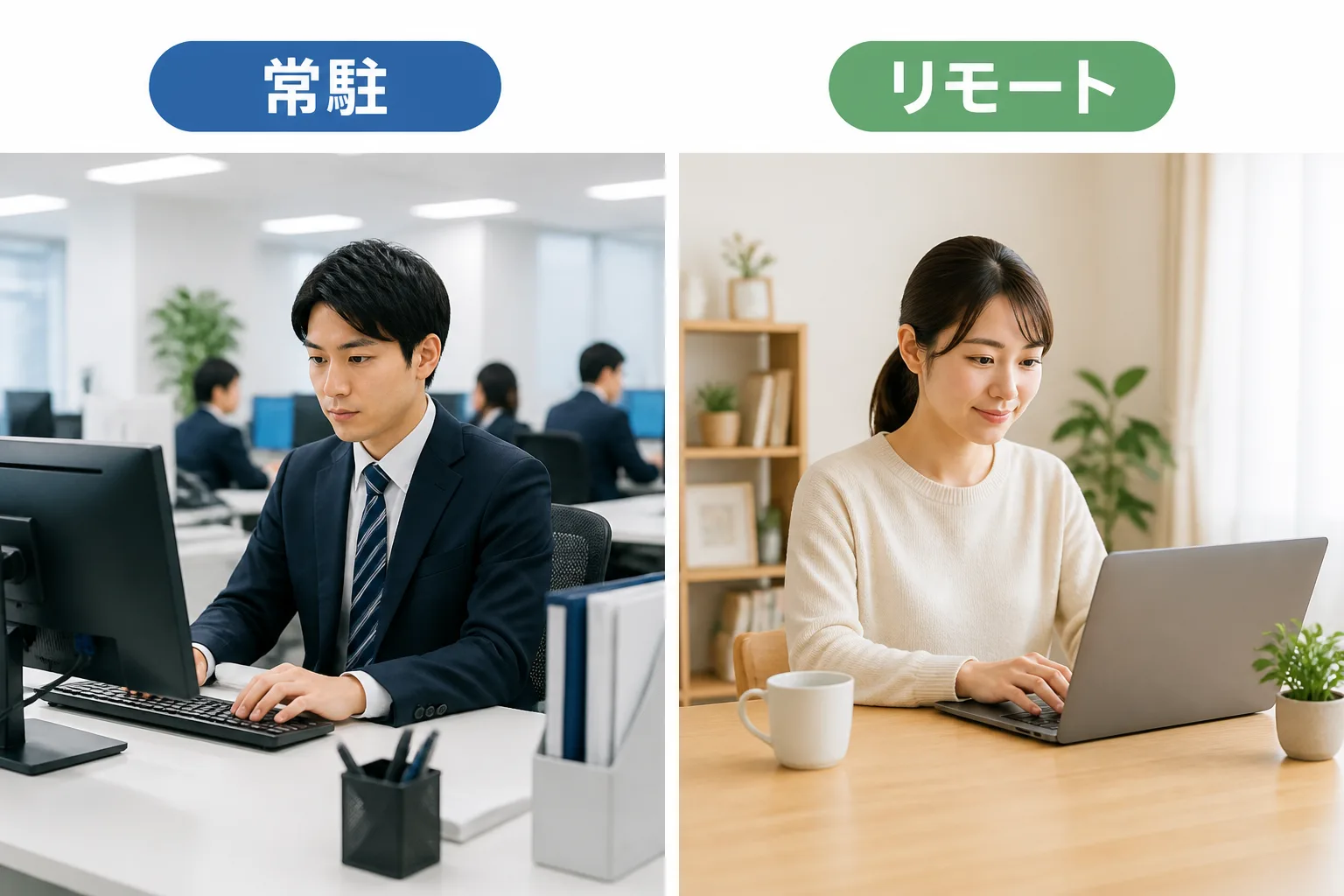 常駐フルコミット型とリモート・一部稼働型という2つの働き方を対比した図解