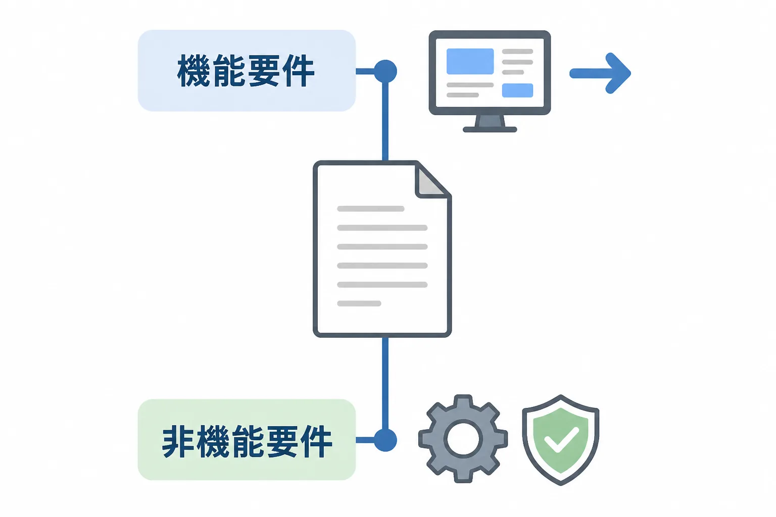 1枚の書類から「機能要件」と「非機能要件」の2つに分岐し、それぞれ画面・矢印のアイコンと歯車・盾のアイコンにつながる構造を示した図解