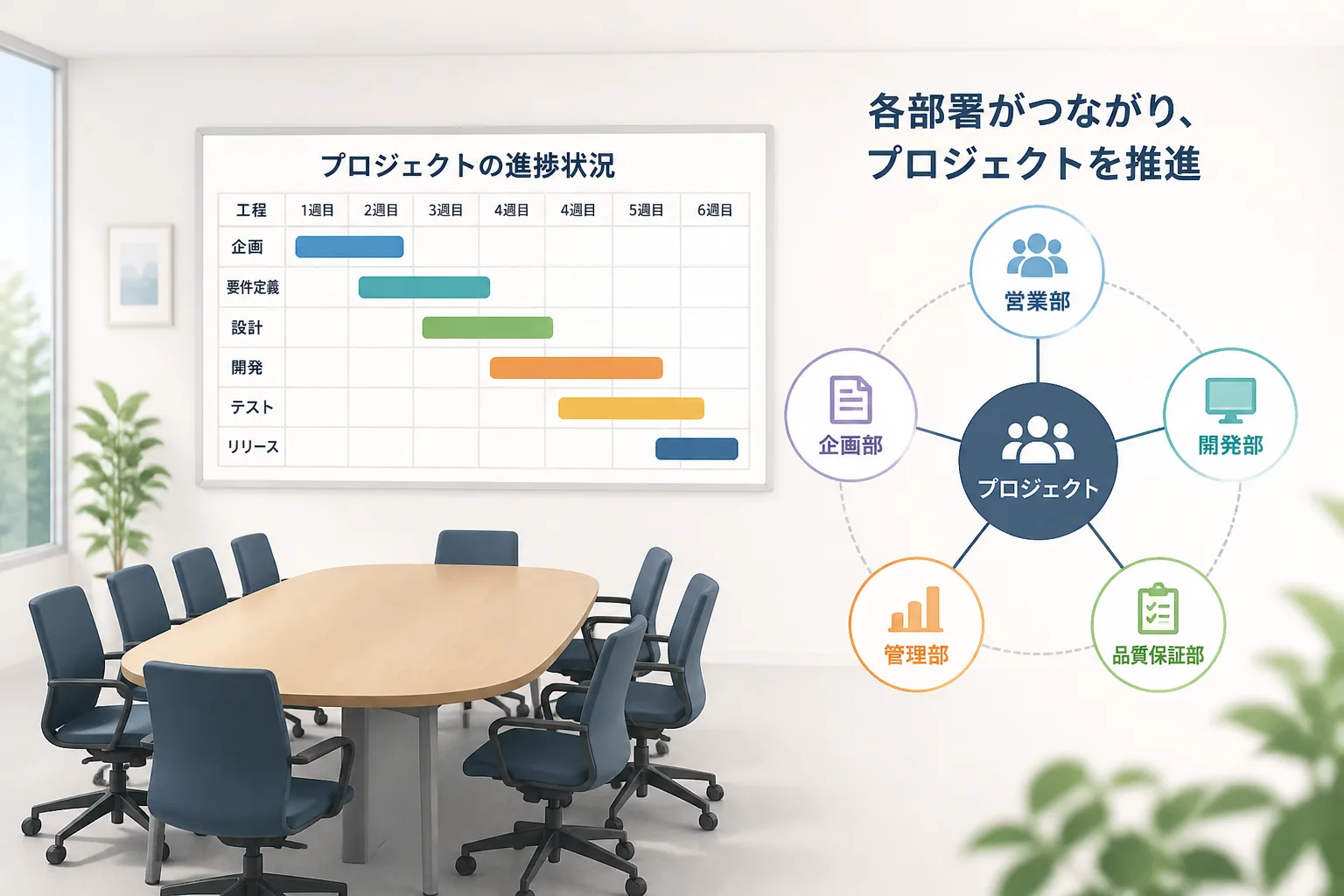 会議のテーブルを囲む椅子と、進捗を示すガントチャート風のボード、複数の部署をつなぐ線を1枚にまとめた構成