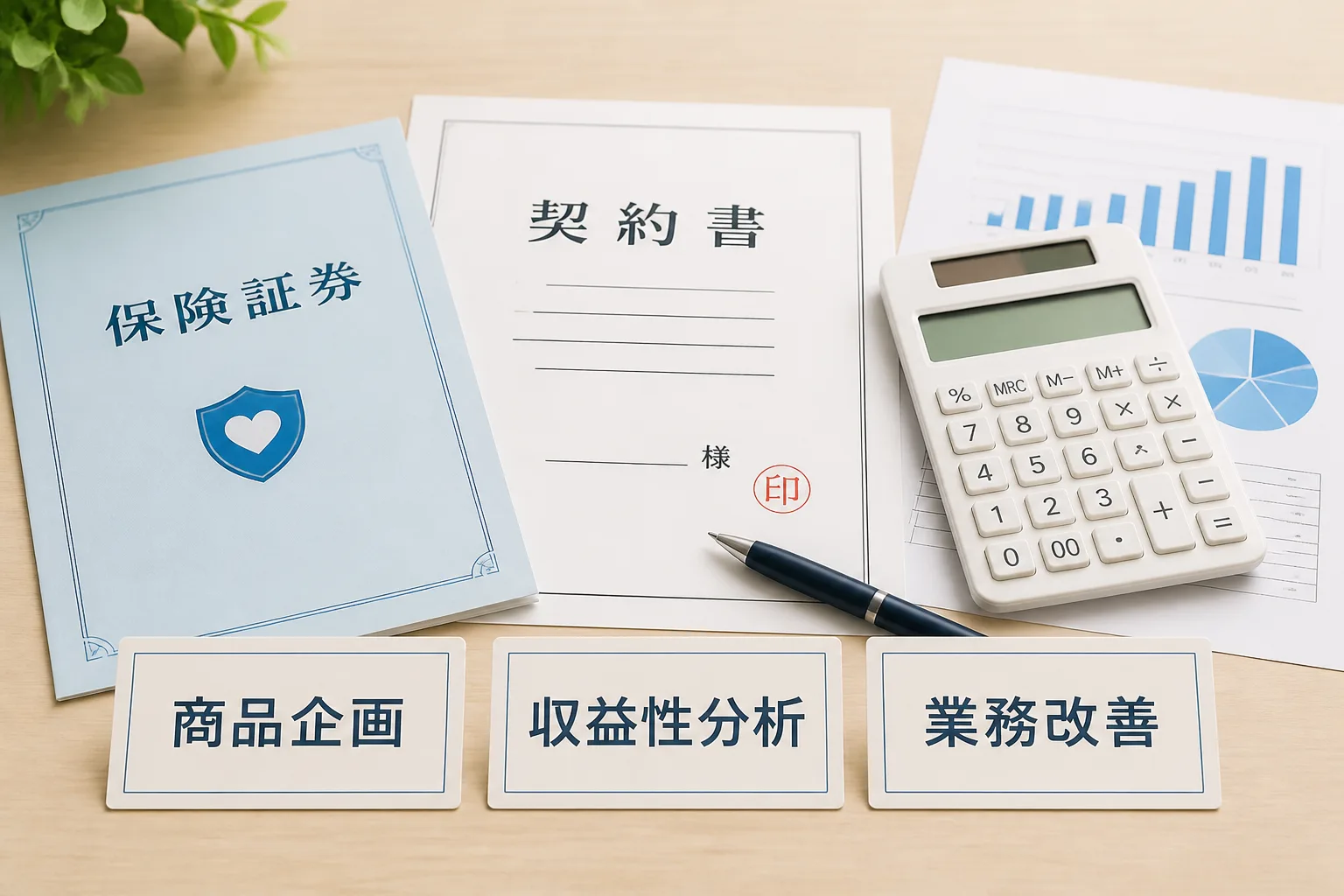 保険証券・契約書・電卓の上に商品企画、収益性分析、業務改善のラベルカードが並ぶ図解。求められる実務経験の棚卸しを表すイメージ